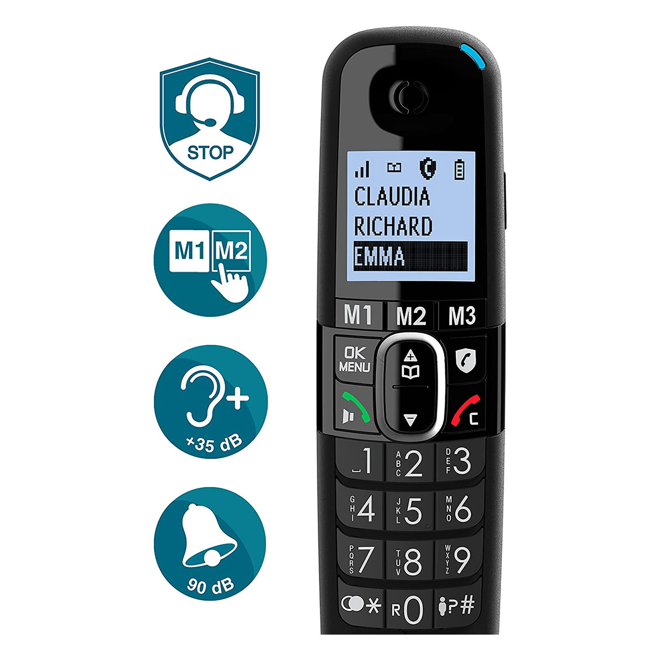 Un téléphone sans fil noir avec boutons et écran. Icônes pour casque, contacts et cloche.