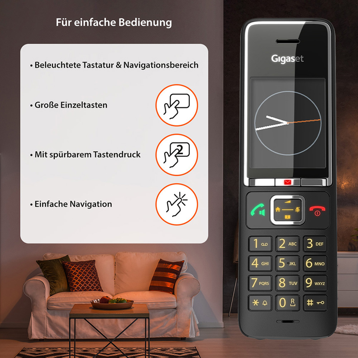 Telefono nero con tasti grandi e schermo, accanto a infografiche.