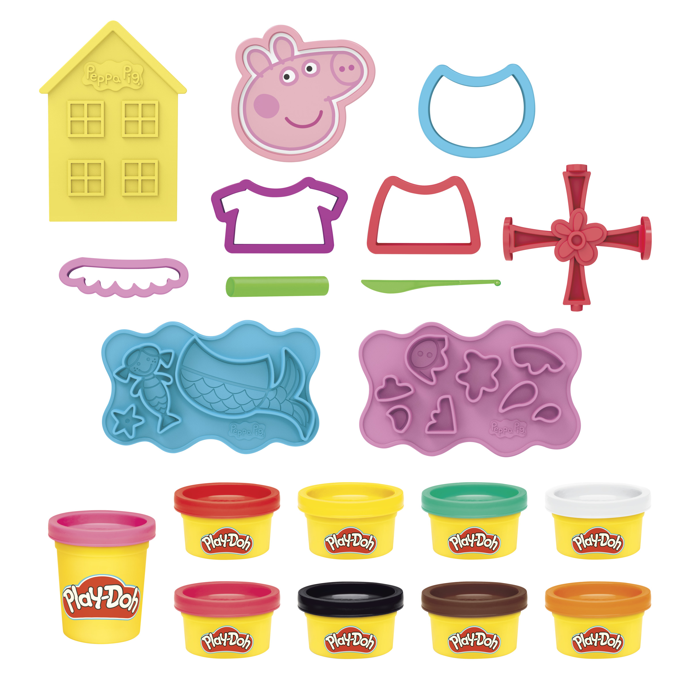 La imagen muestra un juego de Play-Doh con moldes, el personaje de Peppa Pig y varios recipientes de masa de colores. Hay varias formas y colores.