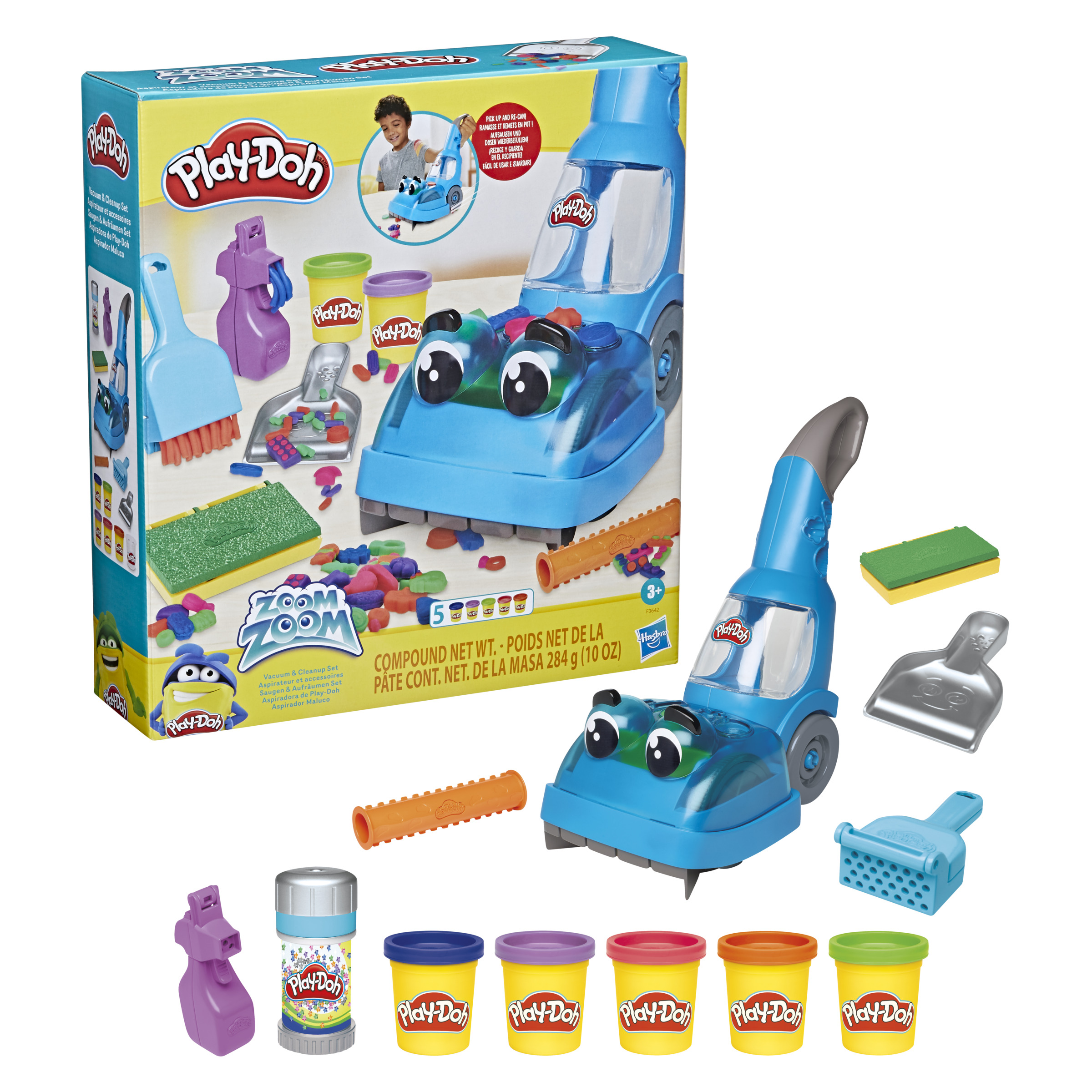 Un juego de aspiradora Play-Doh Zoom Zoom con accesorios. Incluye botes de Play-Doh y herramientas de limpieza sobre fondo blanco.