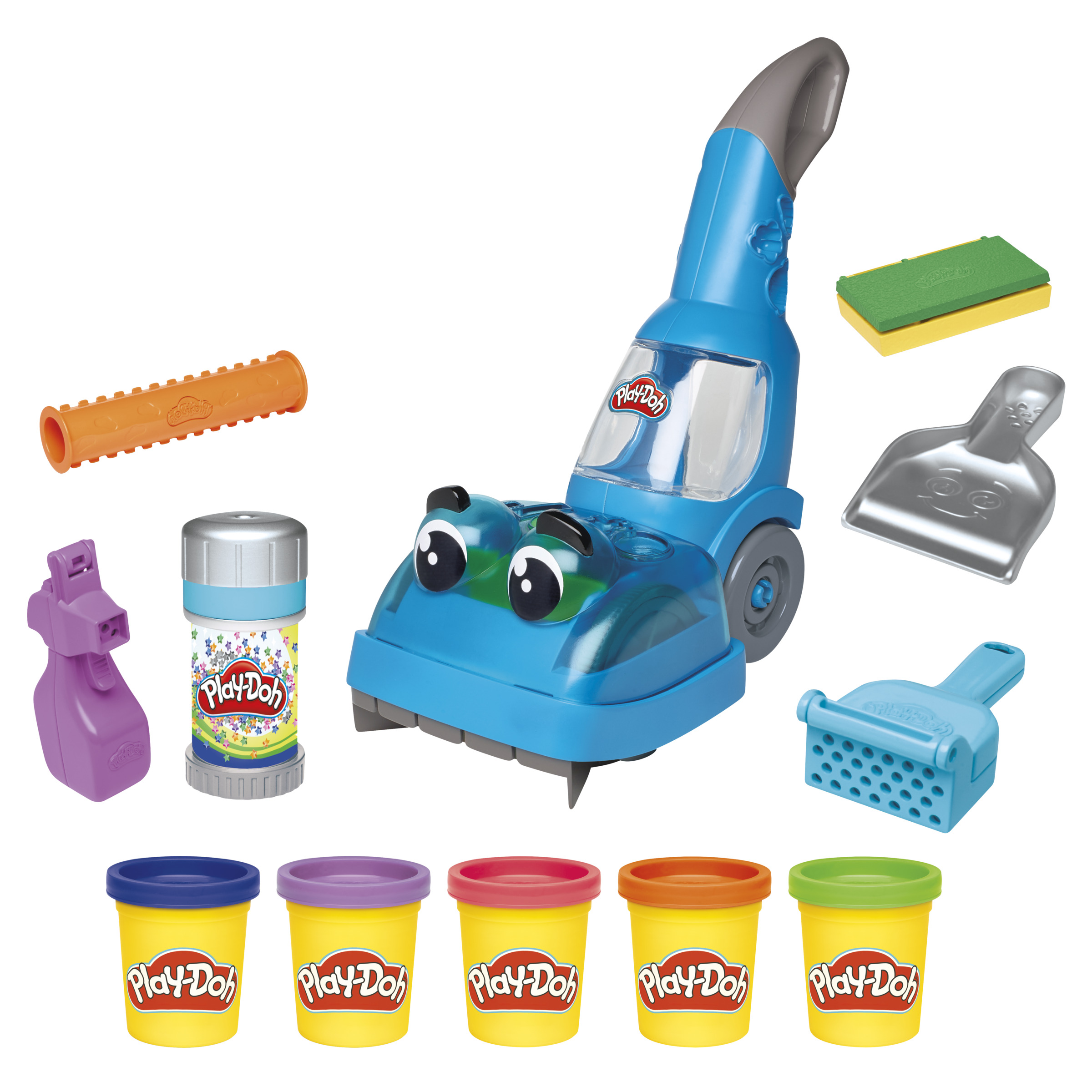 Se muestra un juego de juguetes de aspiradora Play-Doh. Incluye una aspiradora azul, botes de Play-Doh y varios accesorios.
