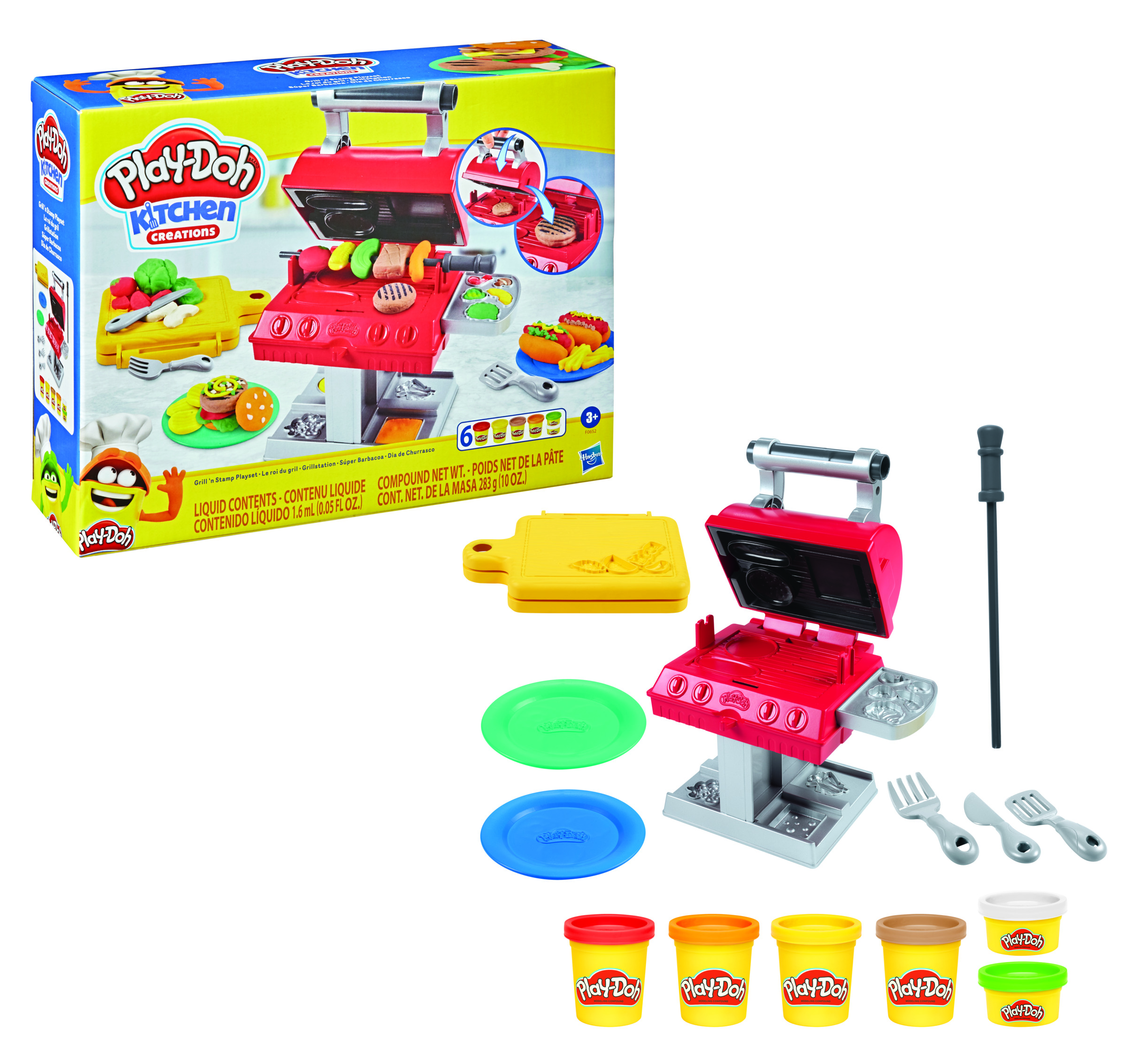 Set de cocina Play-Doh con parrilla de juguete, platos, utensilios y recipientes de plastilina.