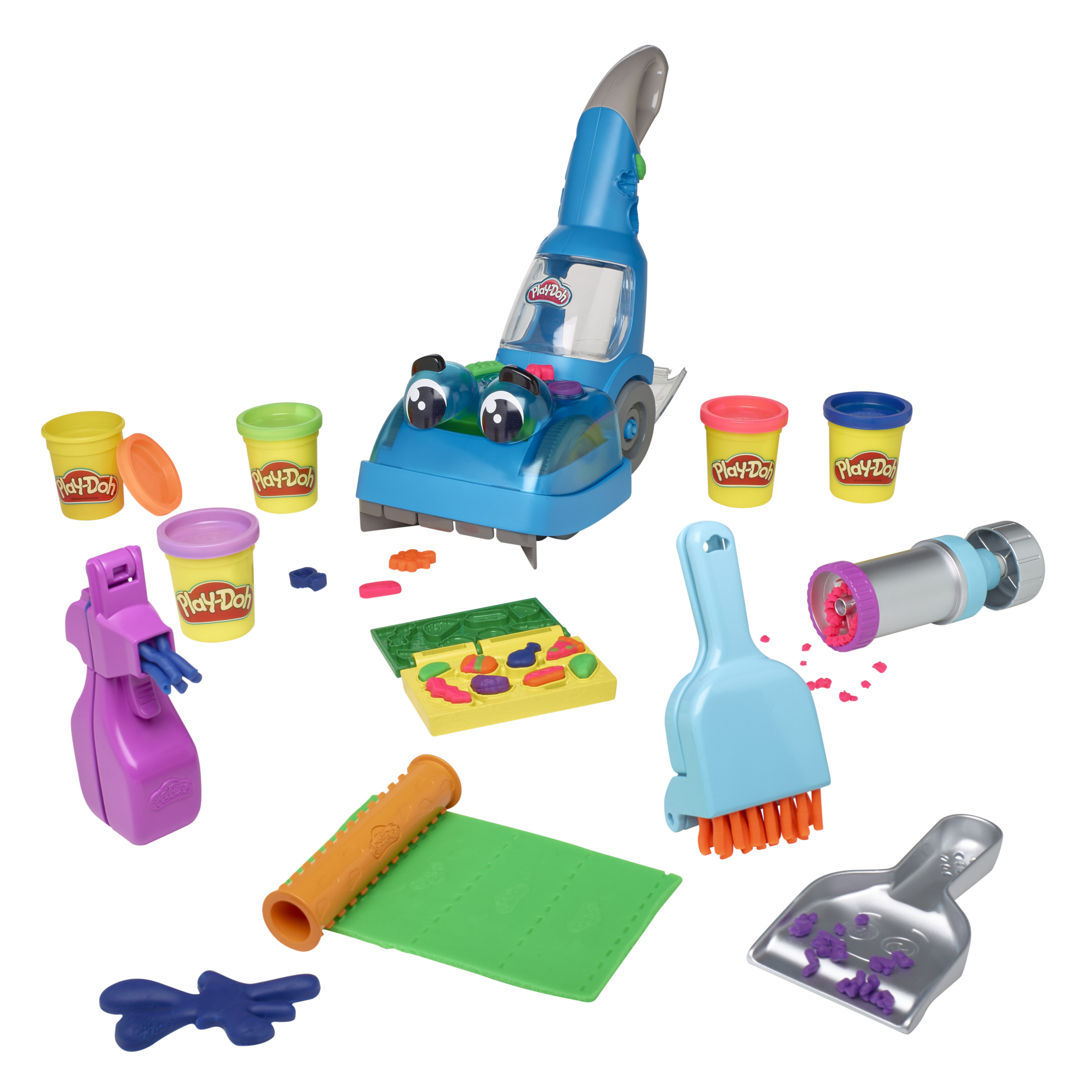 Un juego de juguetes de aspiradora Play-Doh azul con varios accesorios y botes de Play-Doh sobre fondo blanco.