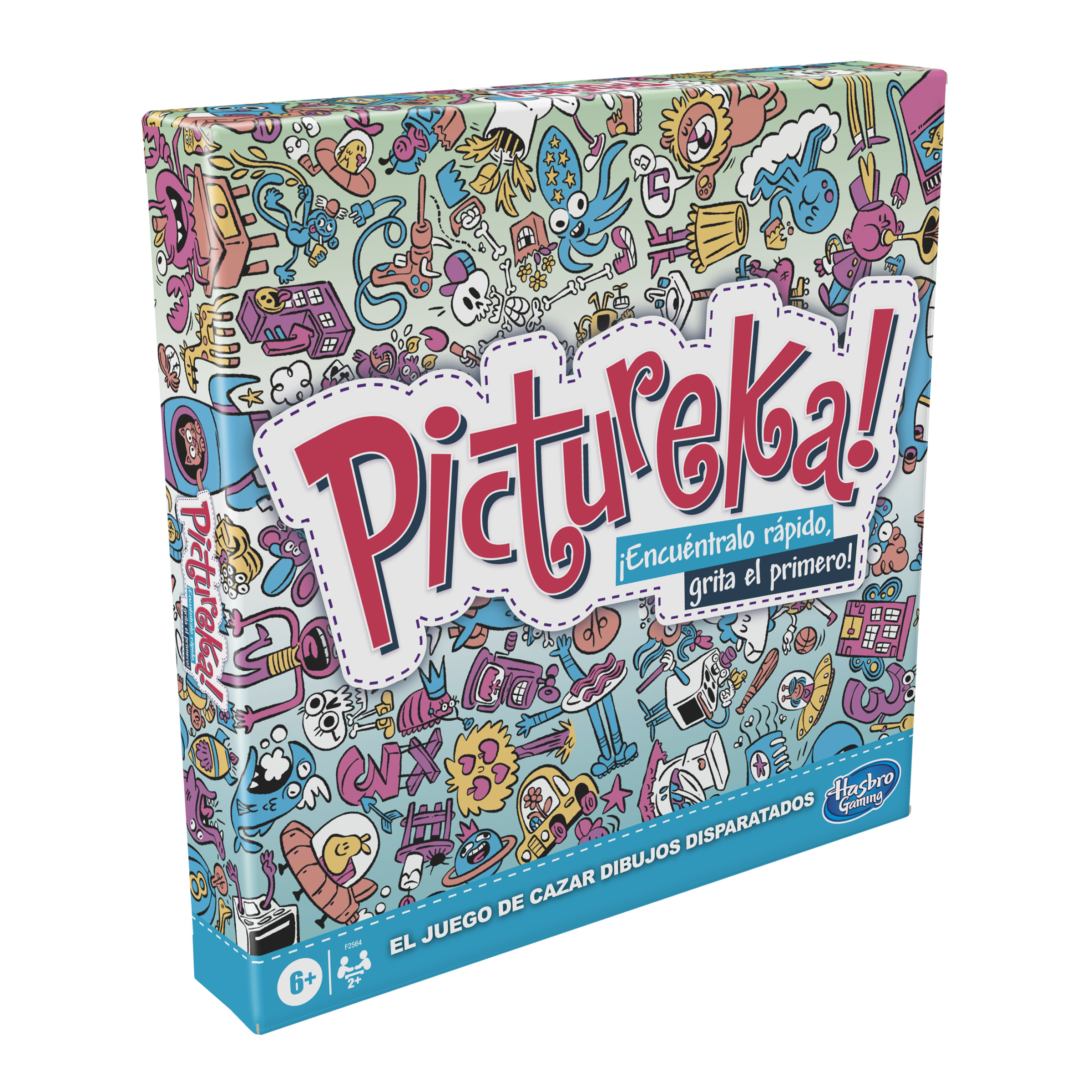 Una caja de juego de mesa colorida titulada 'Pictureka!' con muchos dibujos animados. Base azul.
