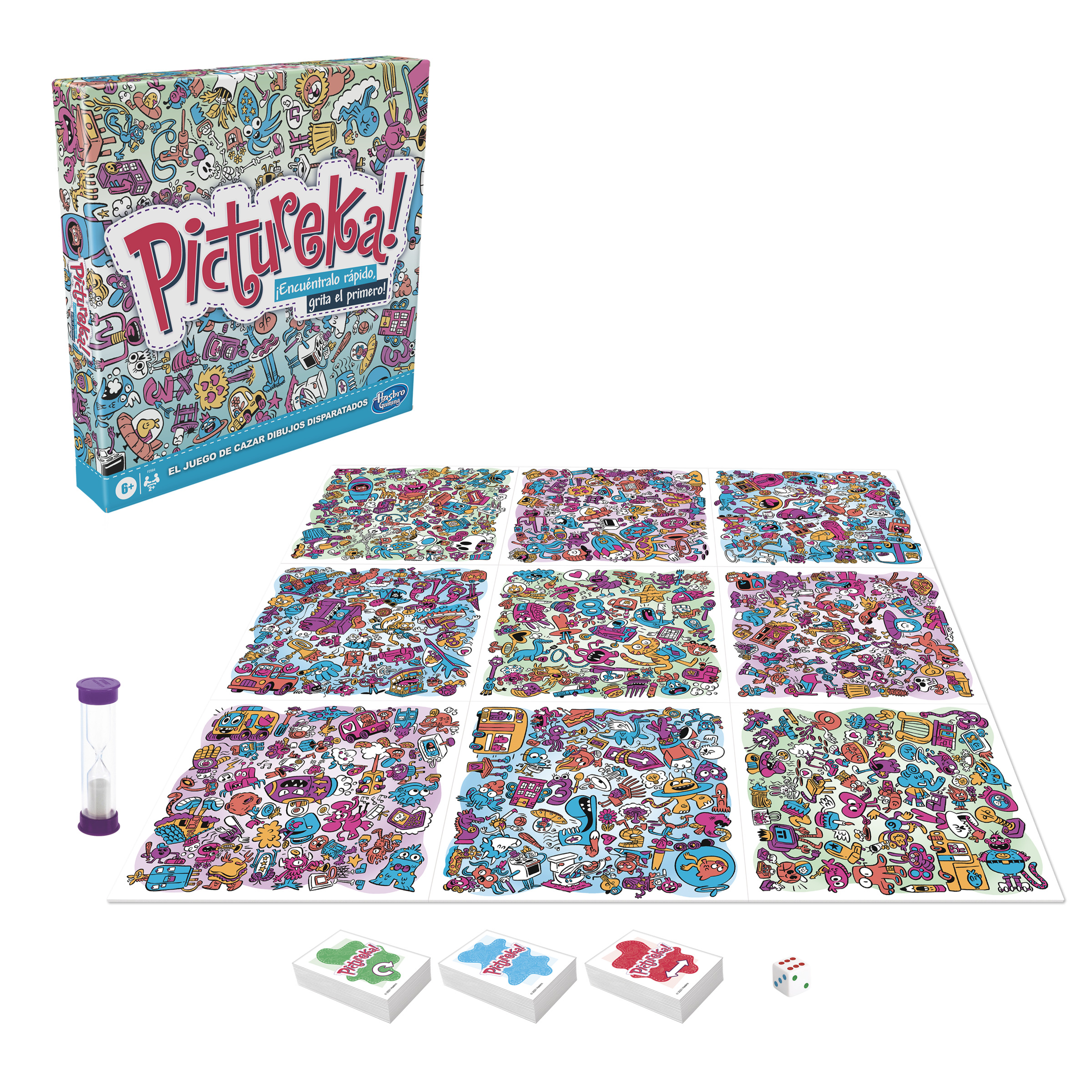 Un juego de mesa llamado Pictureka! con piezas y un temporizador sobre una superficie blanca.
