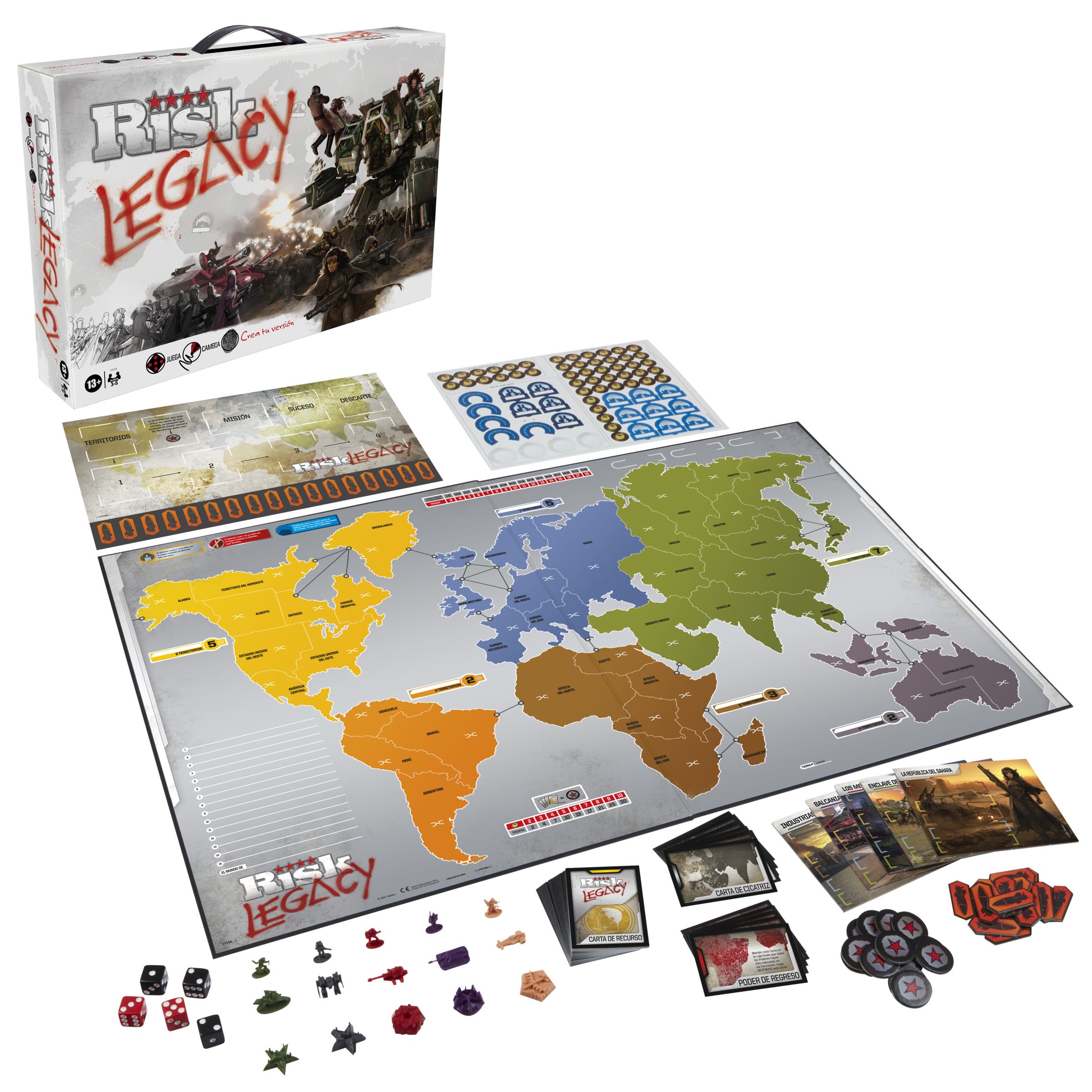 Un juego de mesa Risk Legacy. El tablero muestra un mapa mundial, piezas de juego, cartas y dados dispersos.