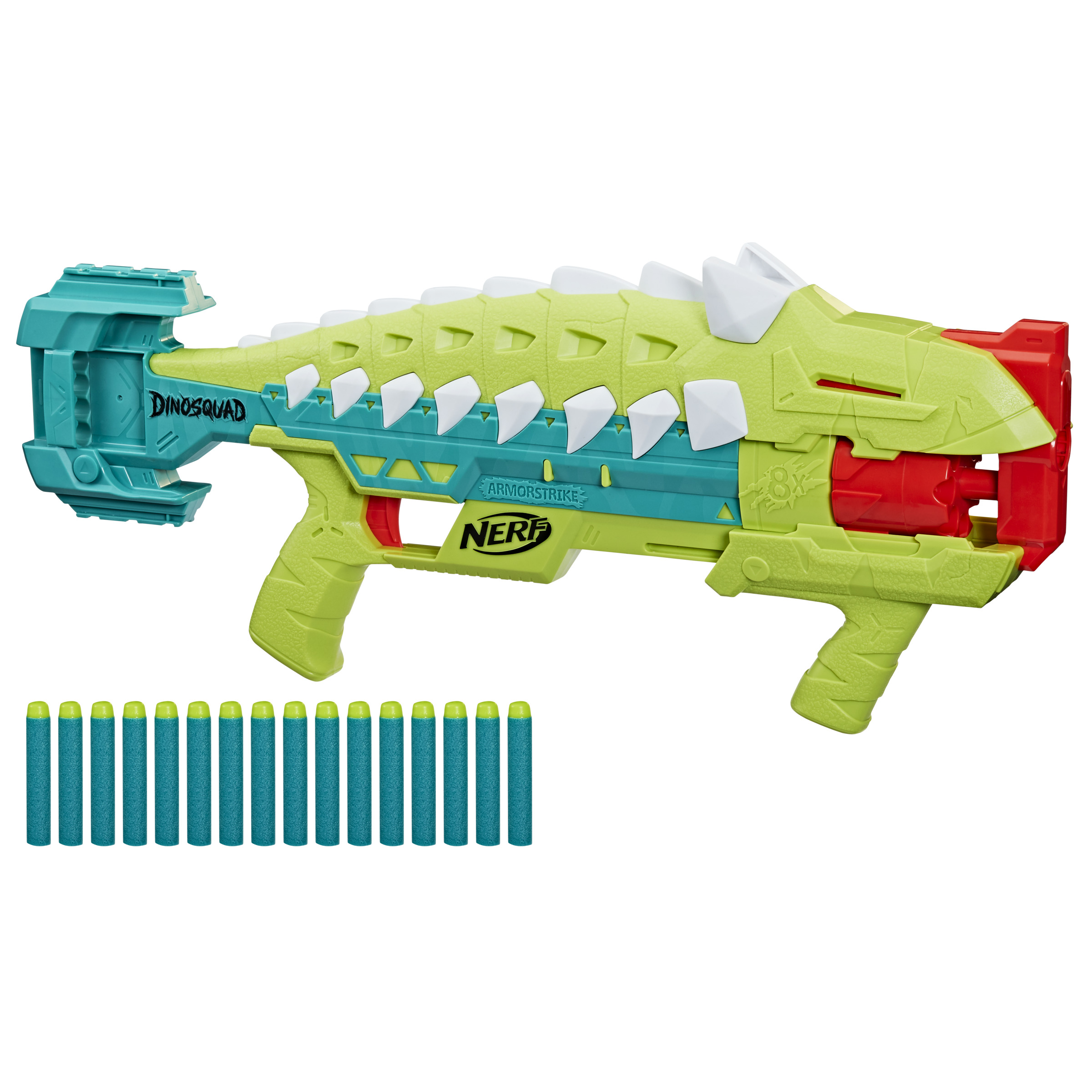 Una pistola Nerf verde con dettagli blu e bianchi e dardi. Lo sfondo è bianco.
