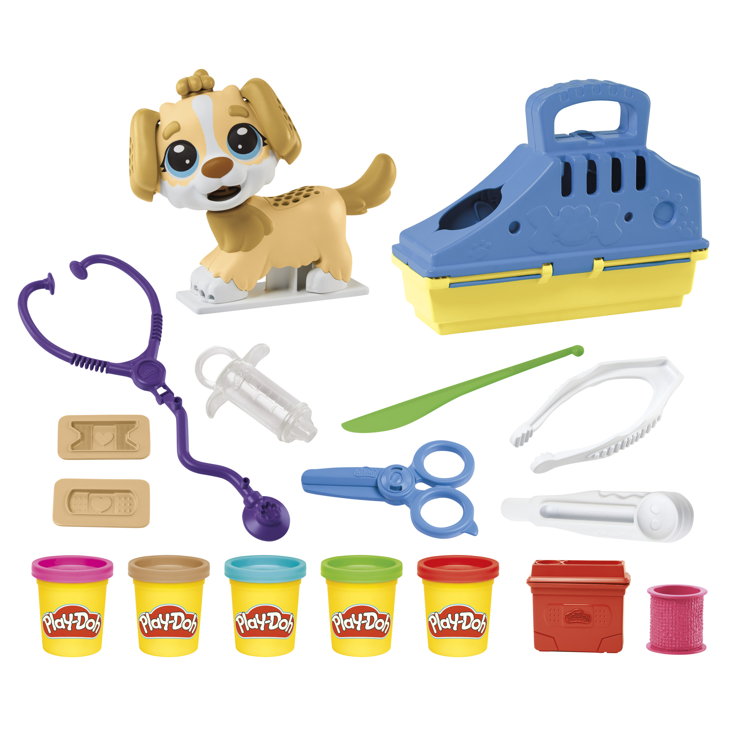 Set de veterinario Play-Doh con cachorro, herramientas y botes de Play-Doh coloridos.