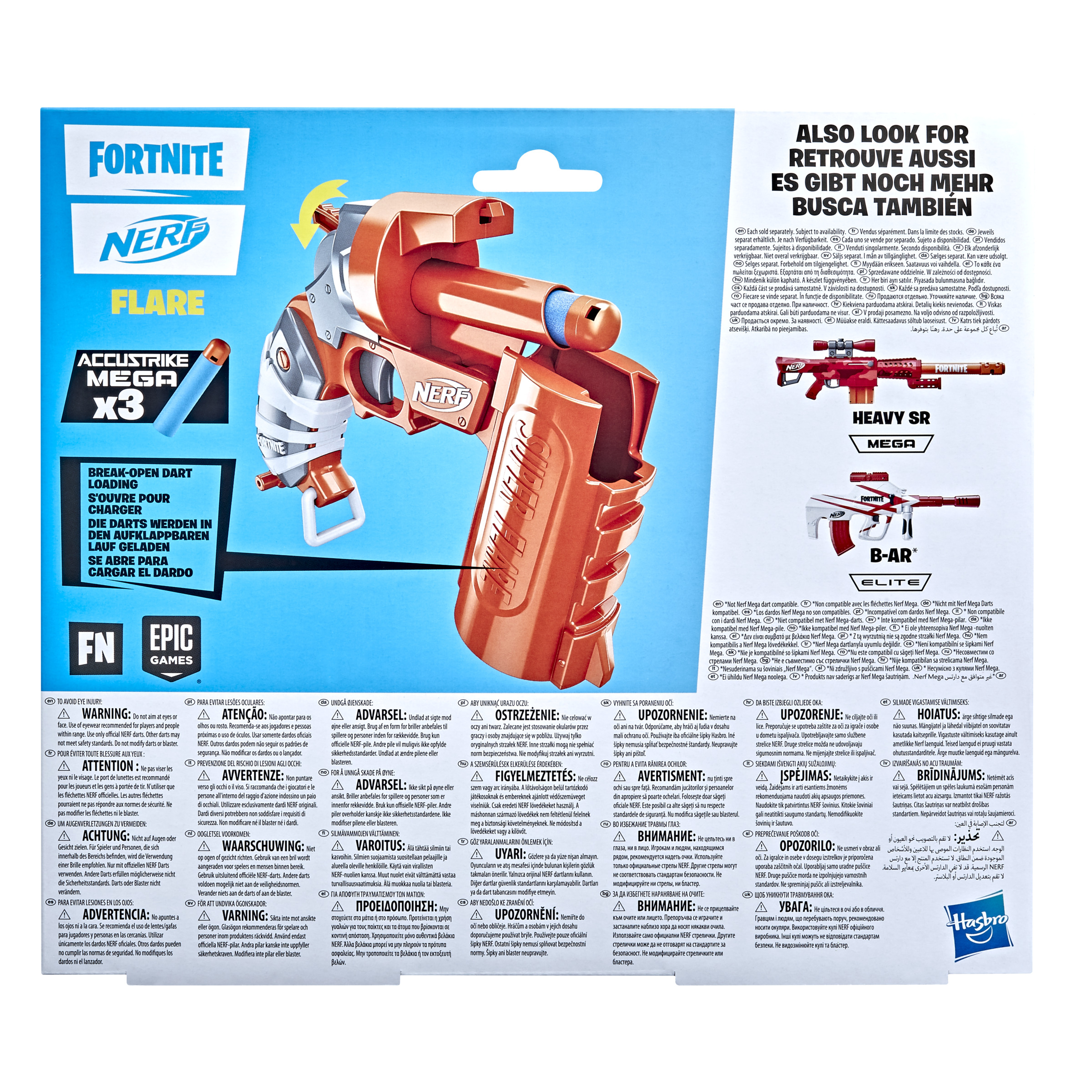 Juguete lanzador Nerf Fortnite Flare sobre fondo blanco, embalaje visible.