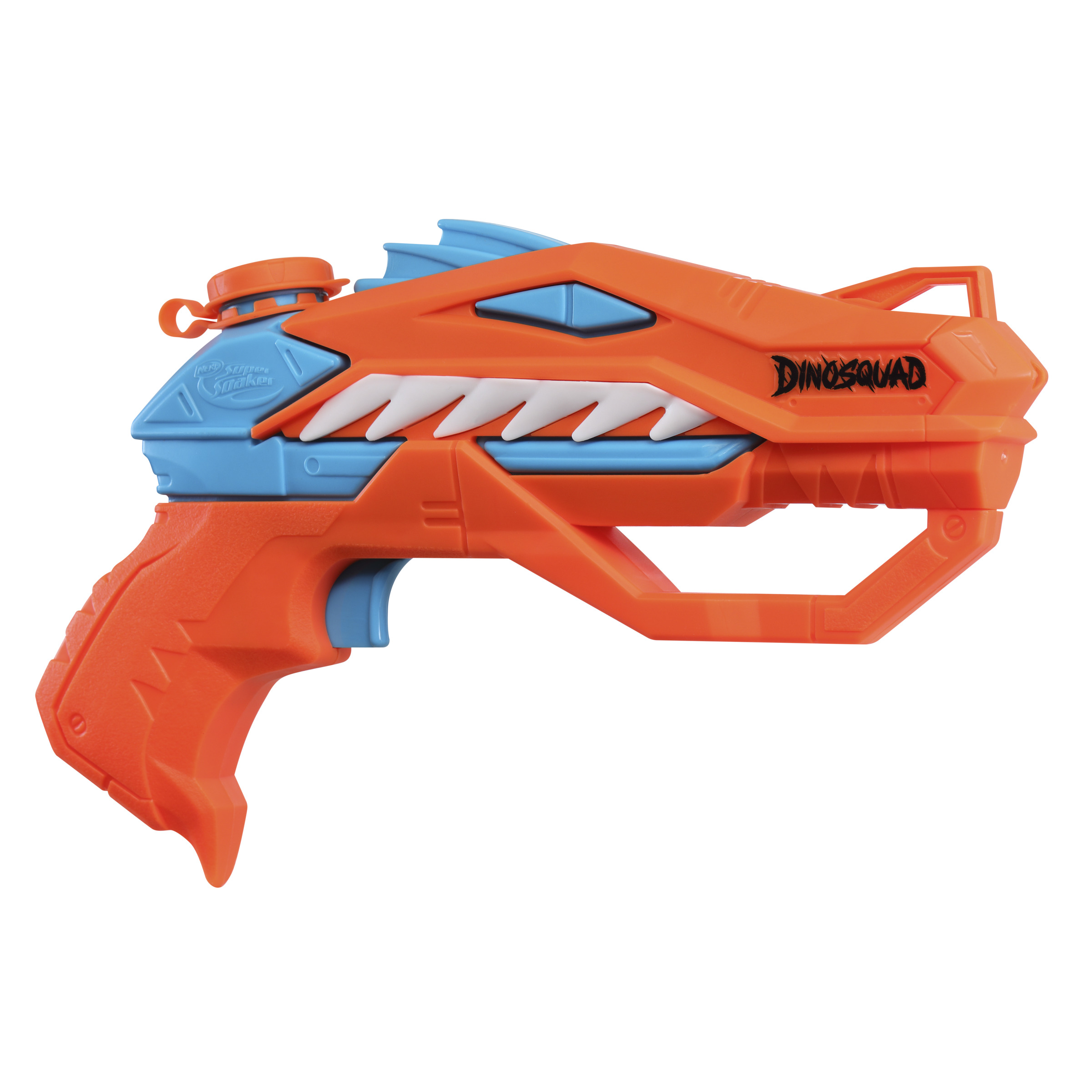 Pistola giocattolo arancione e blu con design di dinosauro. Sfondo bianco, giocattolo per bambini.