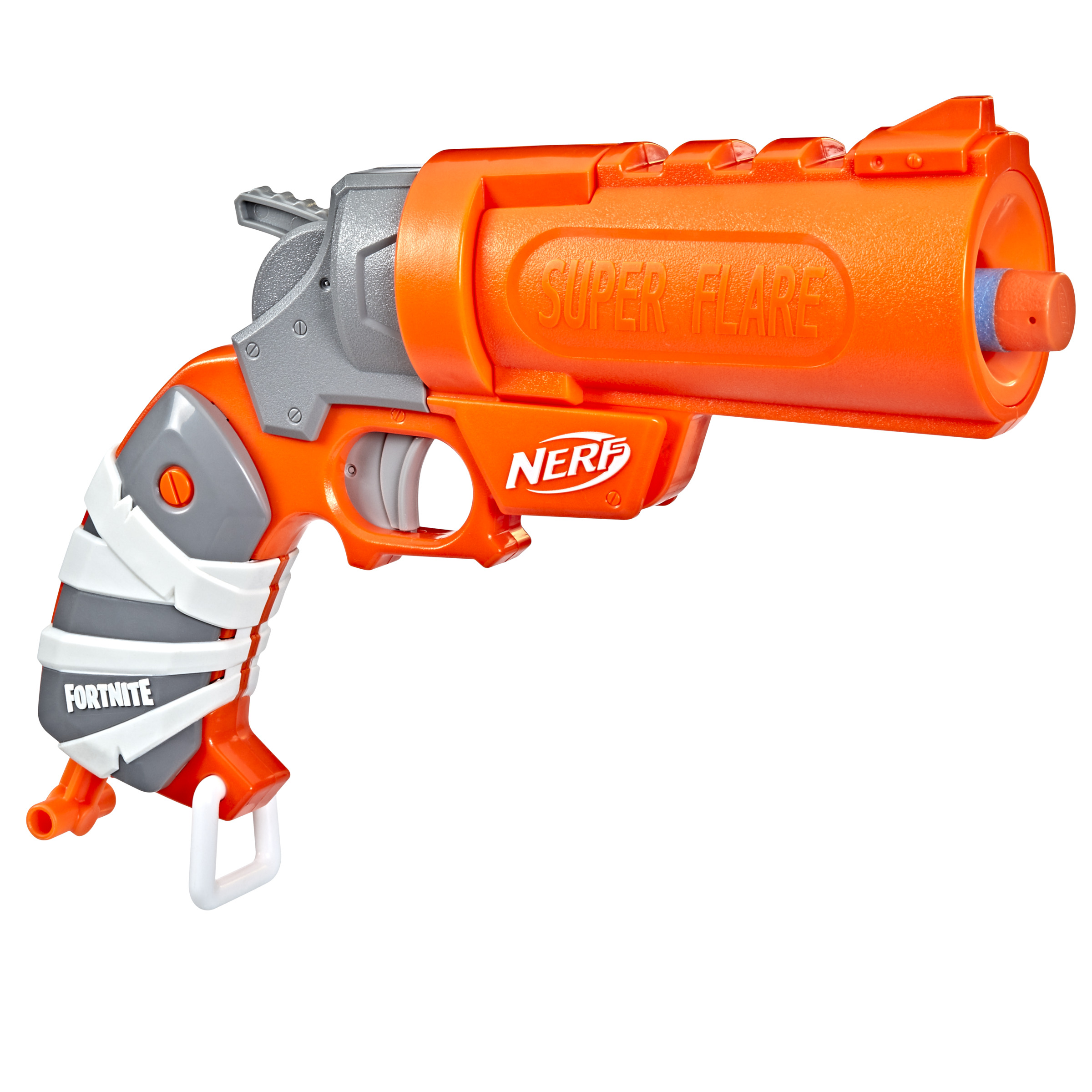 Pistola Nerf Fortnite Super Flare naranja. Envoltura blanca en el mango. Logotipo de Fortnite visible.
