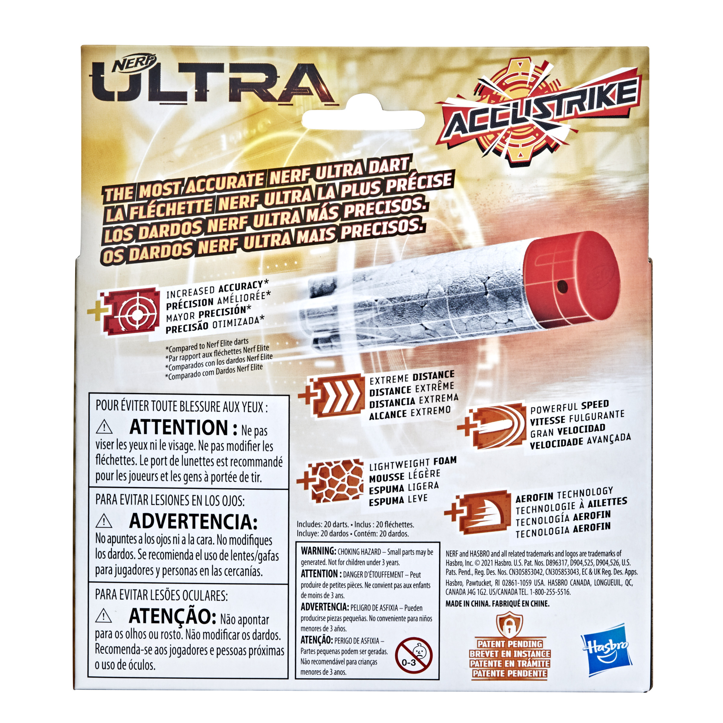 Una confezione di dardi Nerf Ultra Accustrike. Ha testo in più lingue, dardi e simboli di avvertimento.