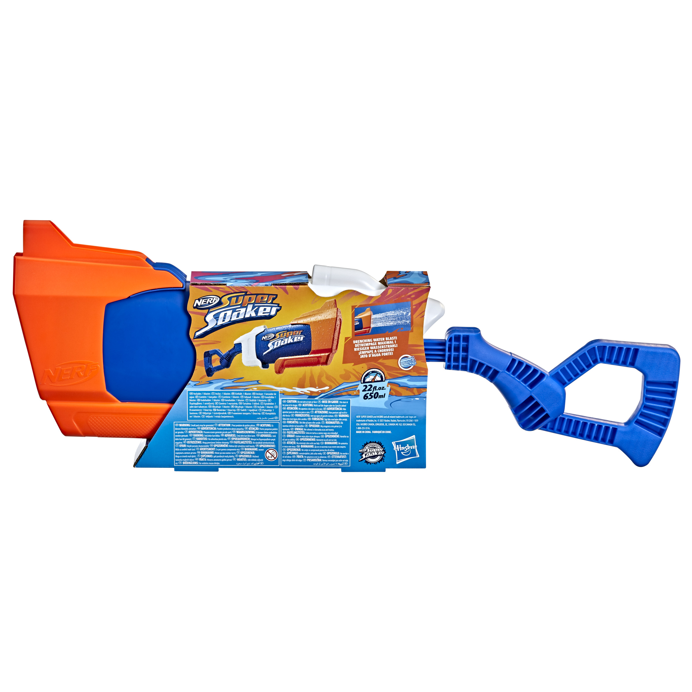 Pistolet na wodę Nerf Super Soaker, niebiesko-pomarańczowy, z opakowaniem na białym tle.
