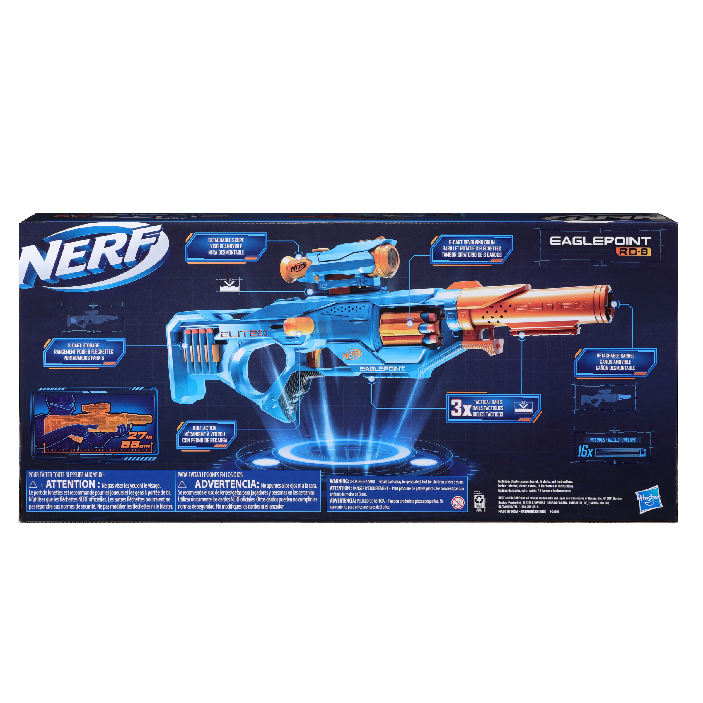 Nerf-Gewehrbox mit Bild eines blau-orangen Spielzeuggewehrs.