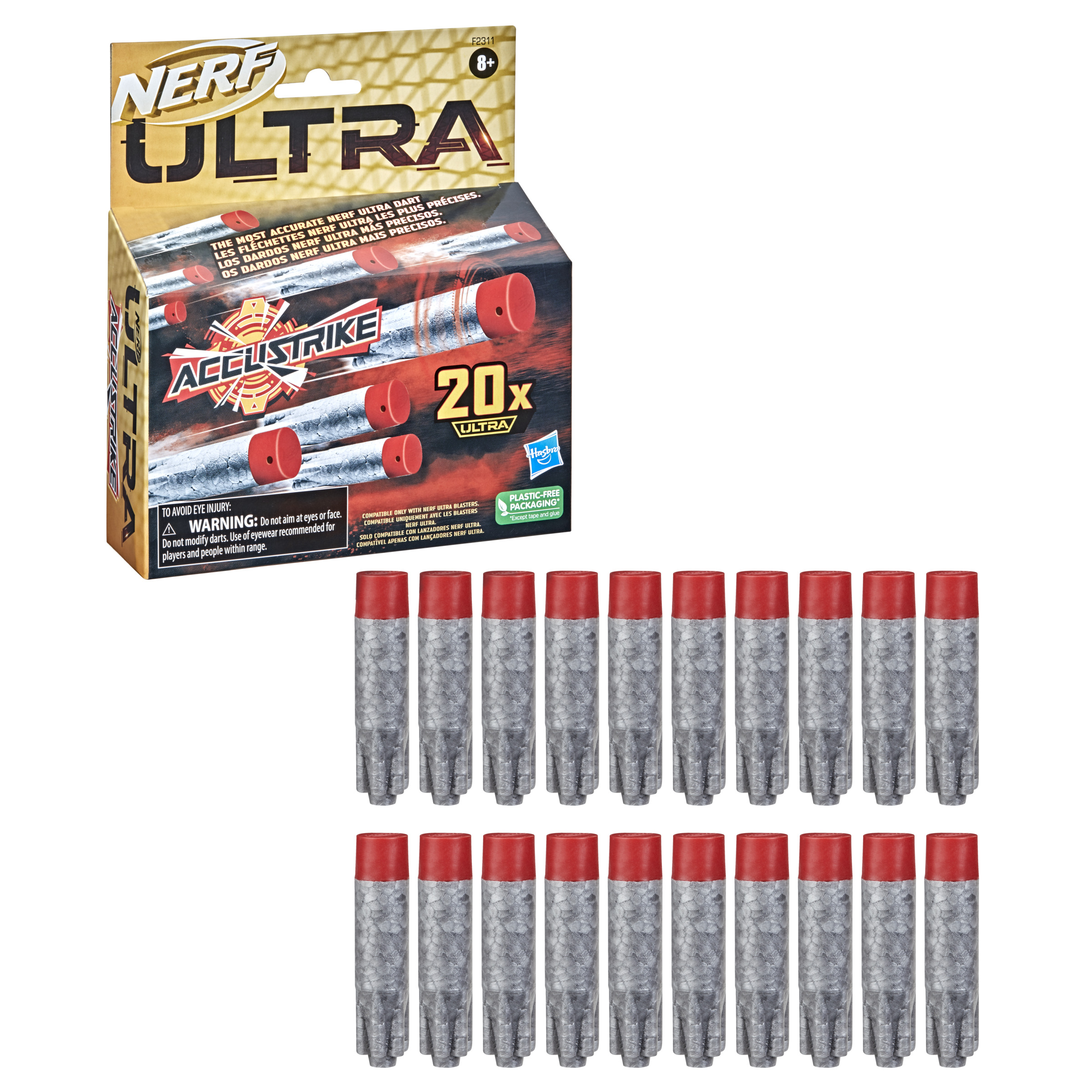 Dardi Nerf Ultra Accustrike in una scatola con punte rosse e corpi grigi.
