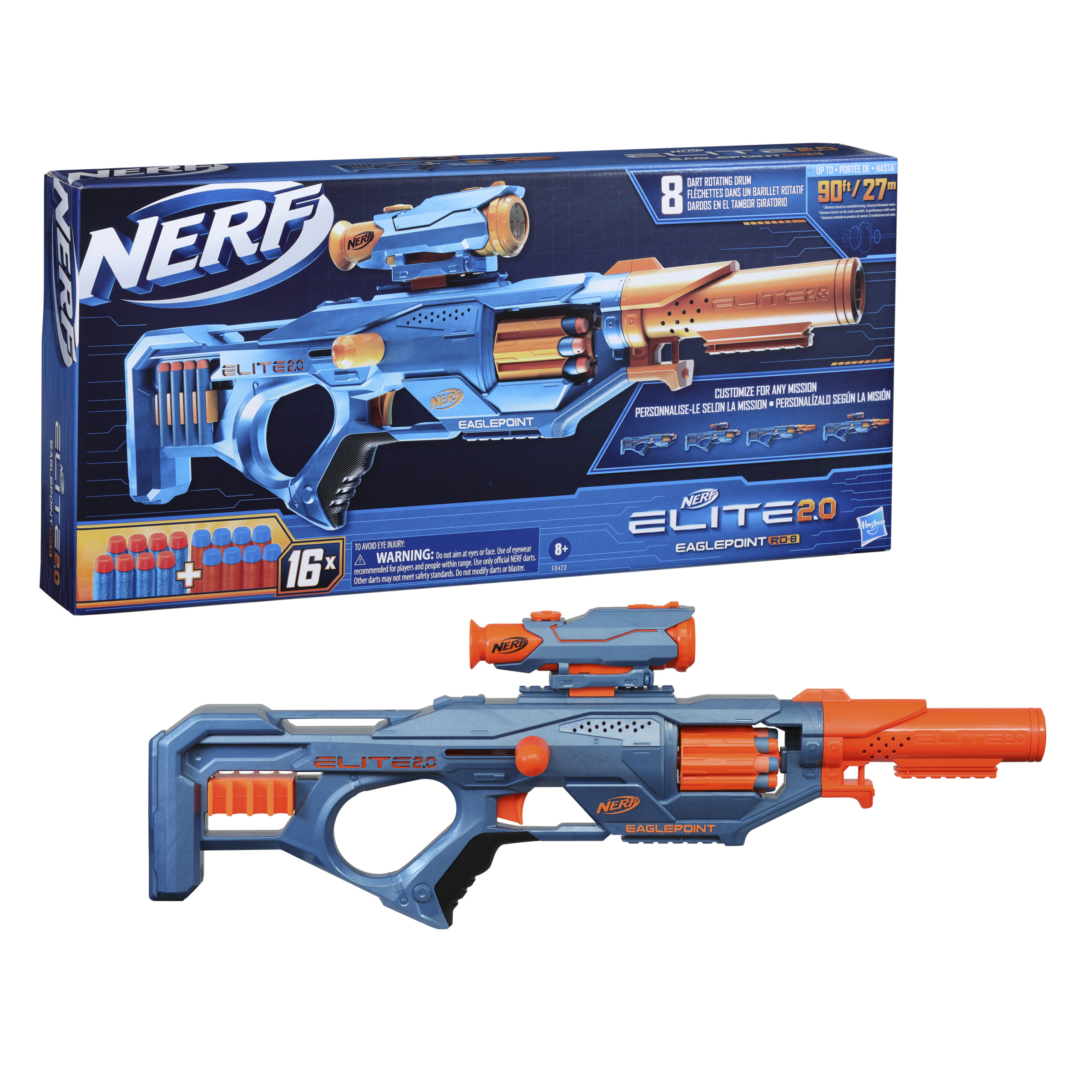 Nerf Elite 2.0 Spielzeugpistole und Box auf weißem Hintergrund. Orange und Blau.