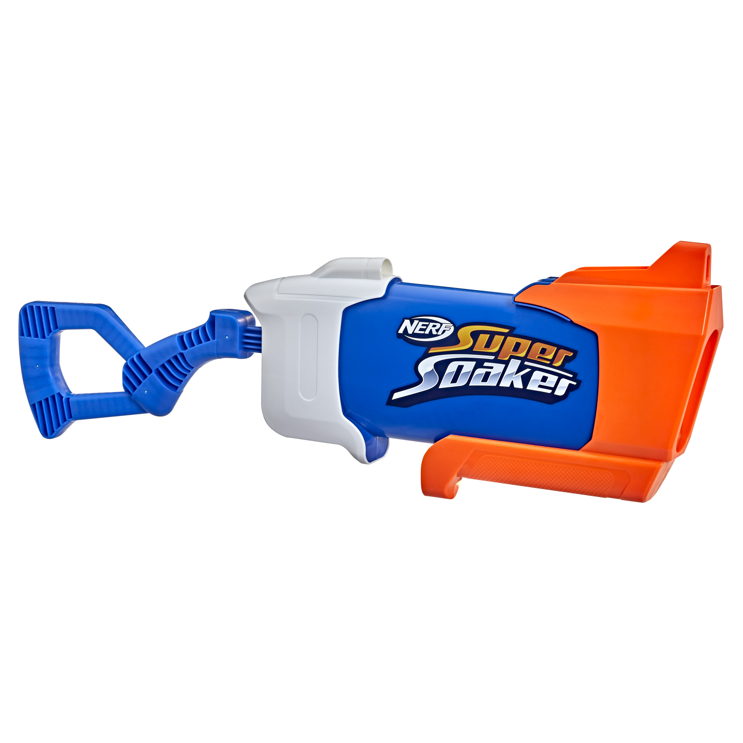 Niebieski, biały i pomarańczowy pistolet na wodę Nerf Super Soaker, widok z góry, na białym tle.