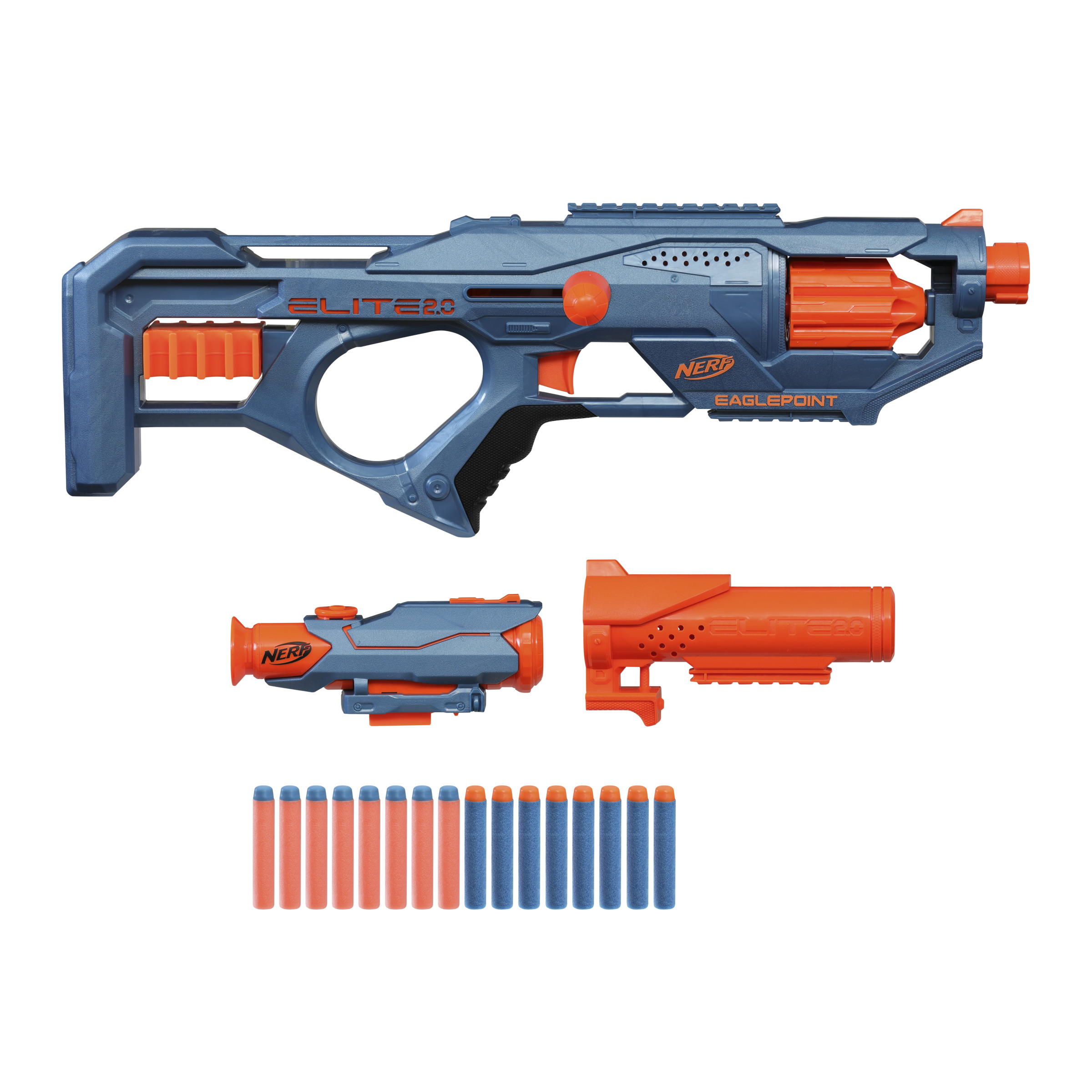 Eine blau-orange Nerf-Pistole mit Aufsätzen und Kugeln. Die Pistole ist mit Elite 2.0 beschriftet.