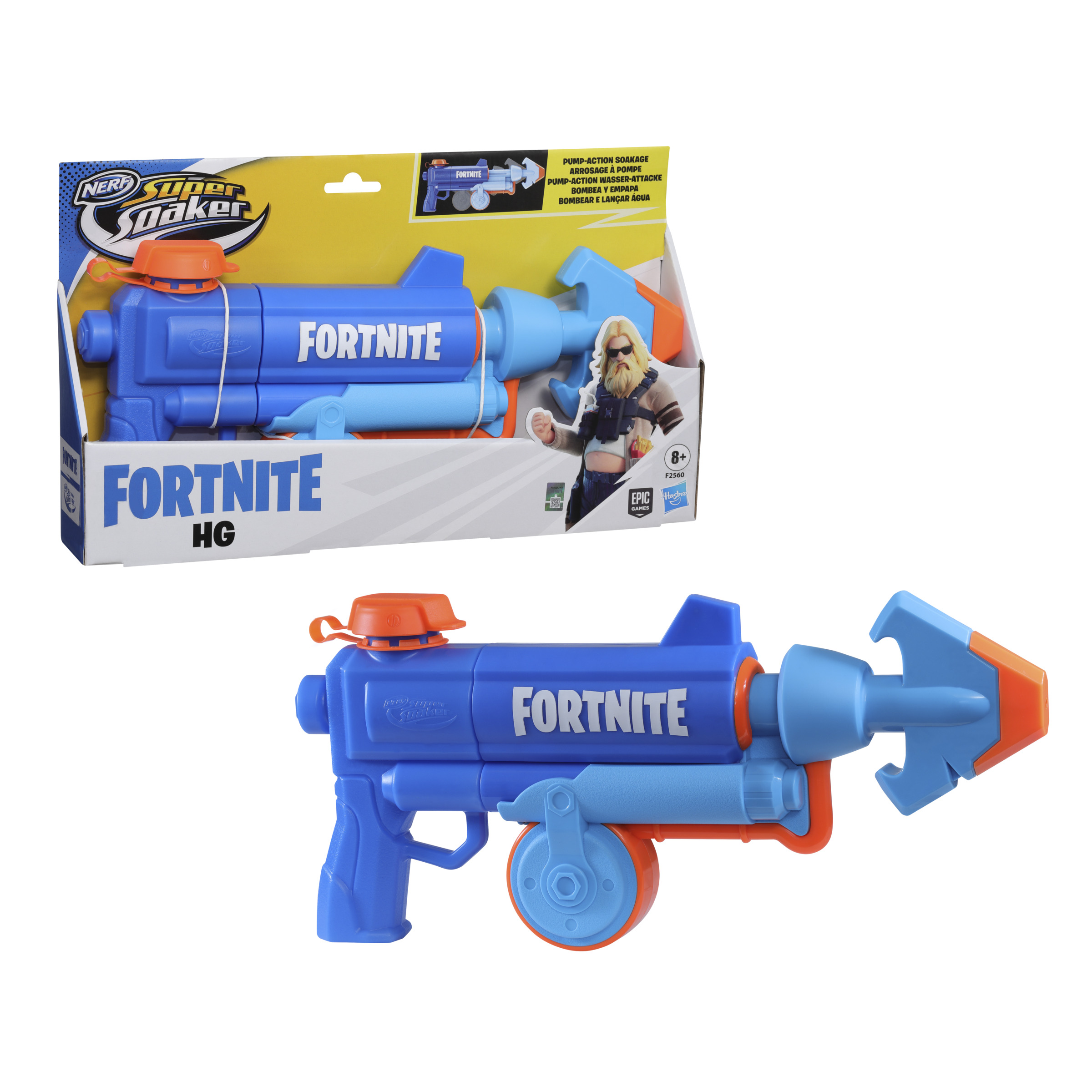 Una pistola ad acqua Fortnite blu e arancione nella sua confezione e una vista separata della pistola giocattolo.