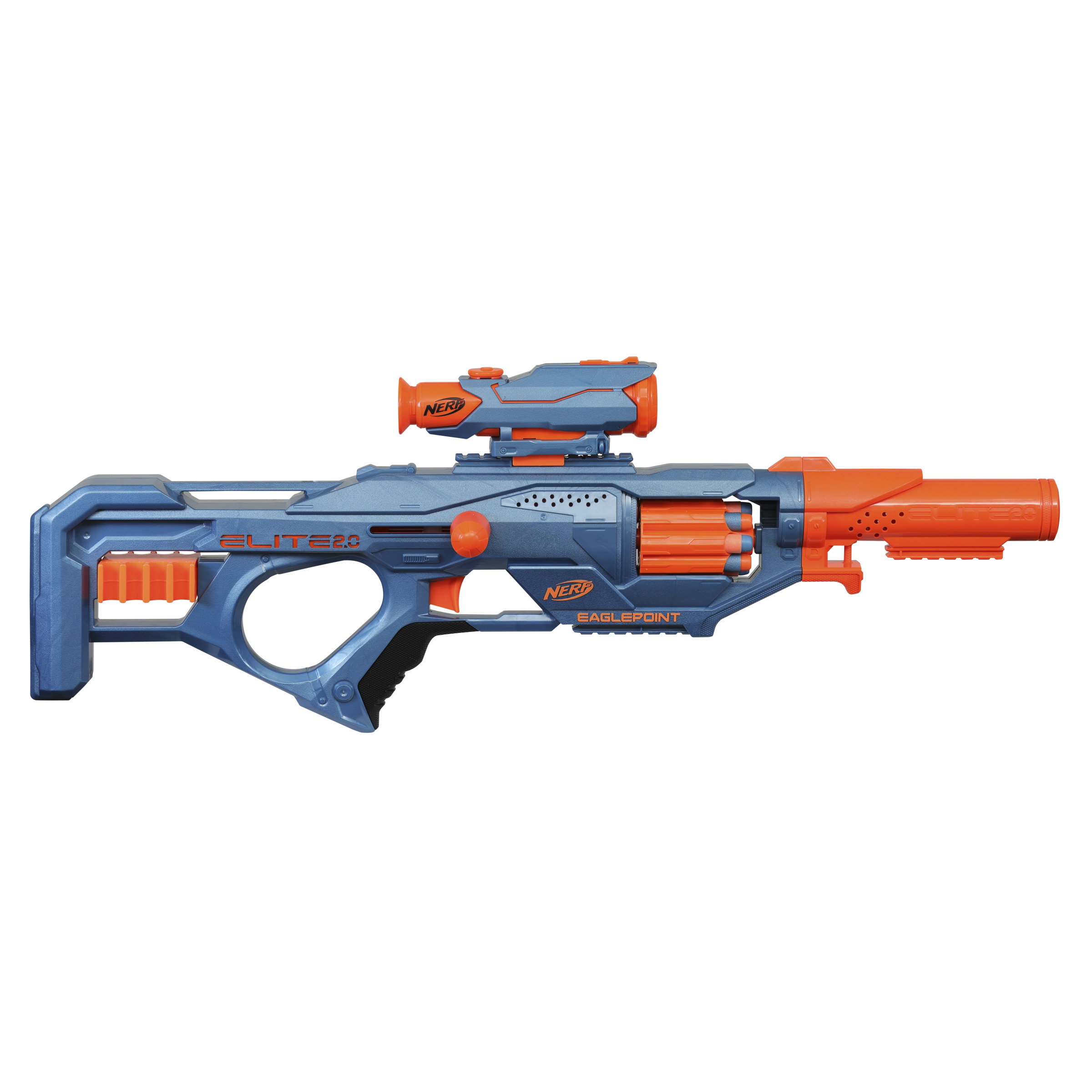 Nerf-Gewehr, blau und orange, mit Zielfernrohr und Magazin, auf weißem Hintergrund.