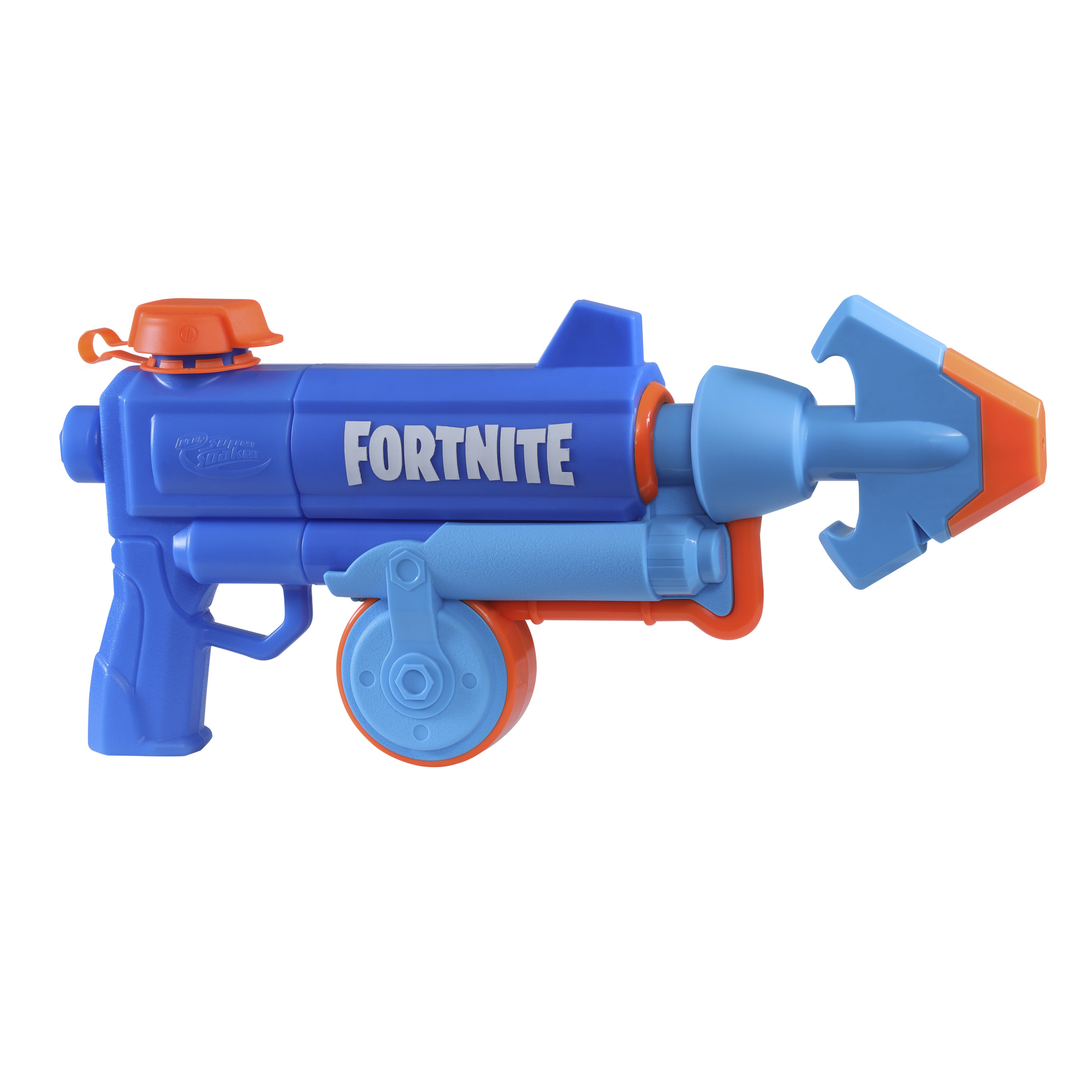 Pistola ad acqua Fortnite blu e arancione con un design unico. Presenta il logo Fortnite.
