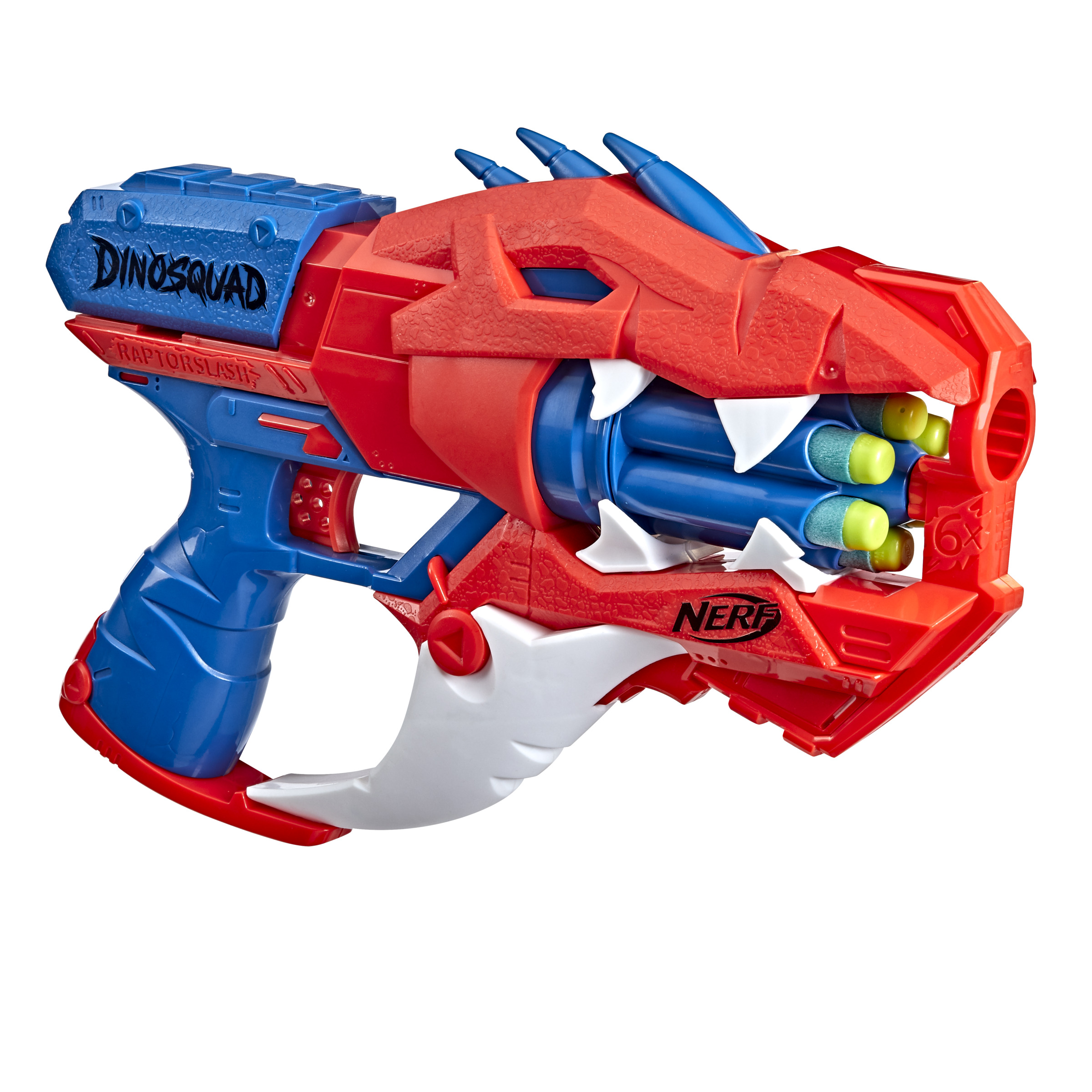 Czerwono-niebieski pistolet zabawka, w kształcie głowy dinozaura, z napisem "NERF".