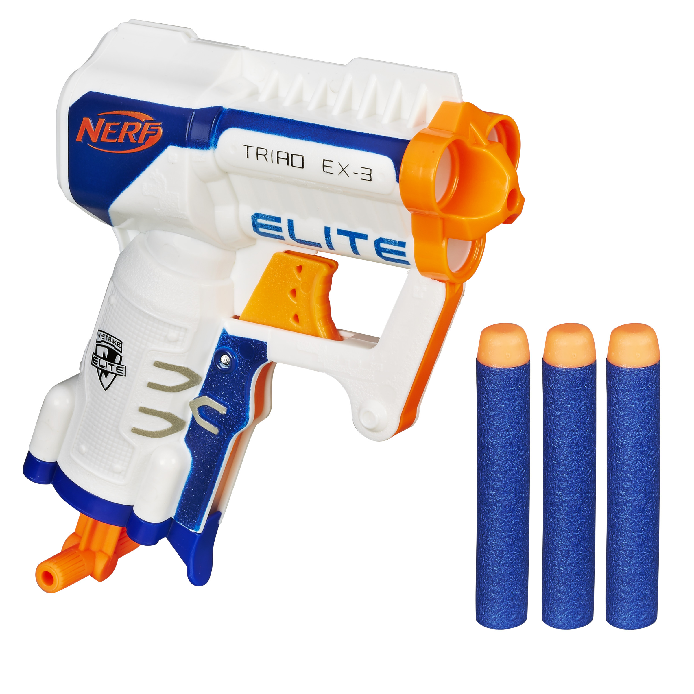 Pistola Nerf Triad EX-3 bianca e blu con tre dardi in schiuma blu. La pistola è bianca con dettagli blu.