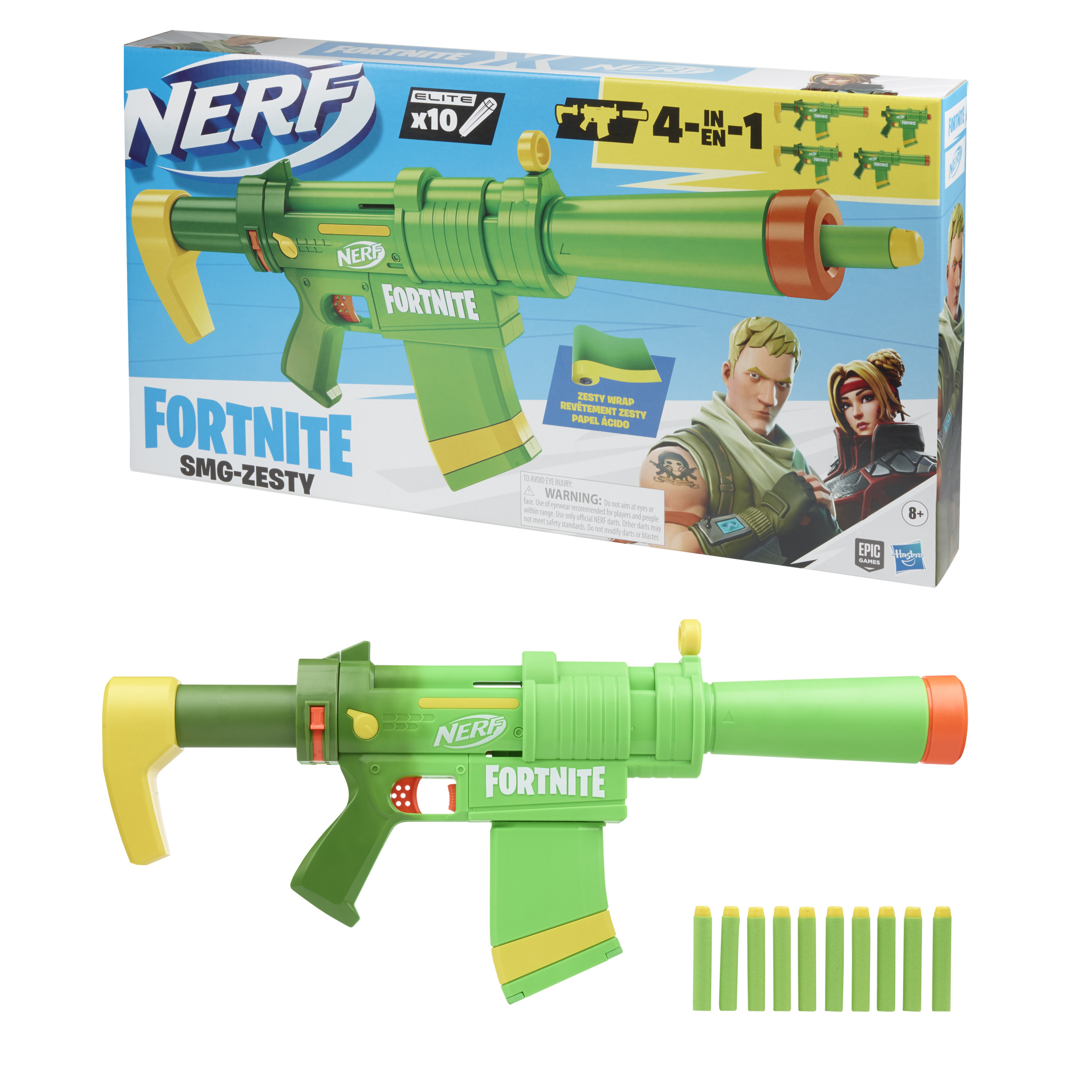 Set de pistola Nerf Fortnite SMG-Zesty y su caja. Colores verde y amarillo. Incluye dardos.
