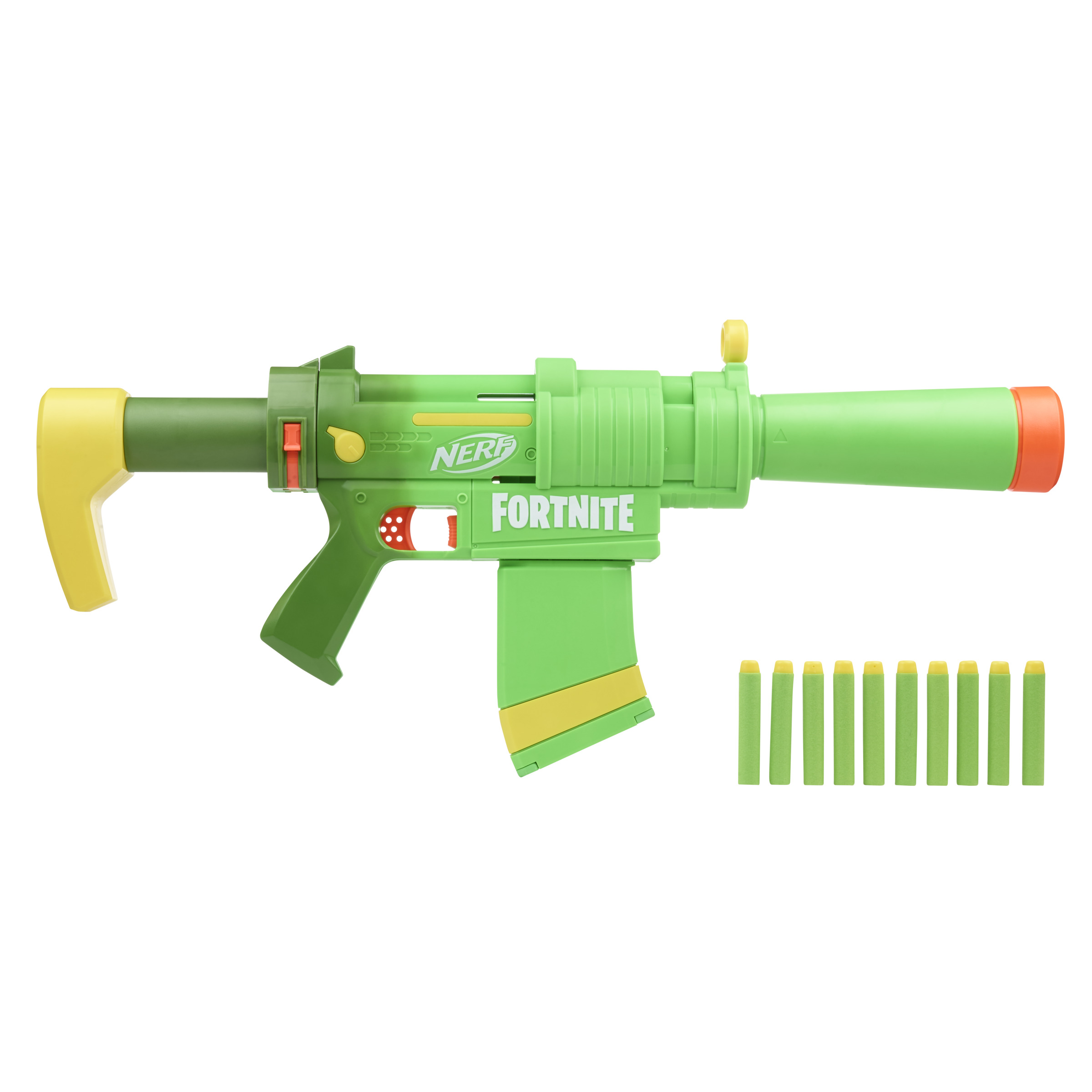 Pistola Nerf Fortnite verde y amarilla con dardos. Fondo blanco.