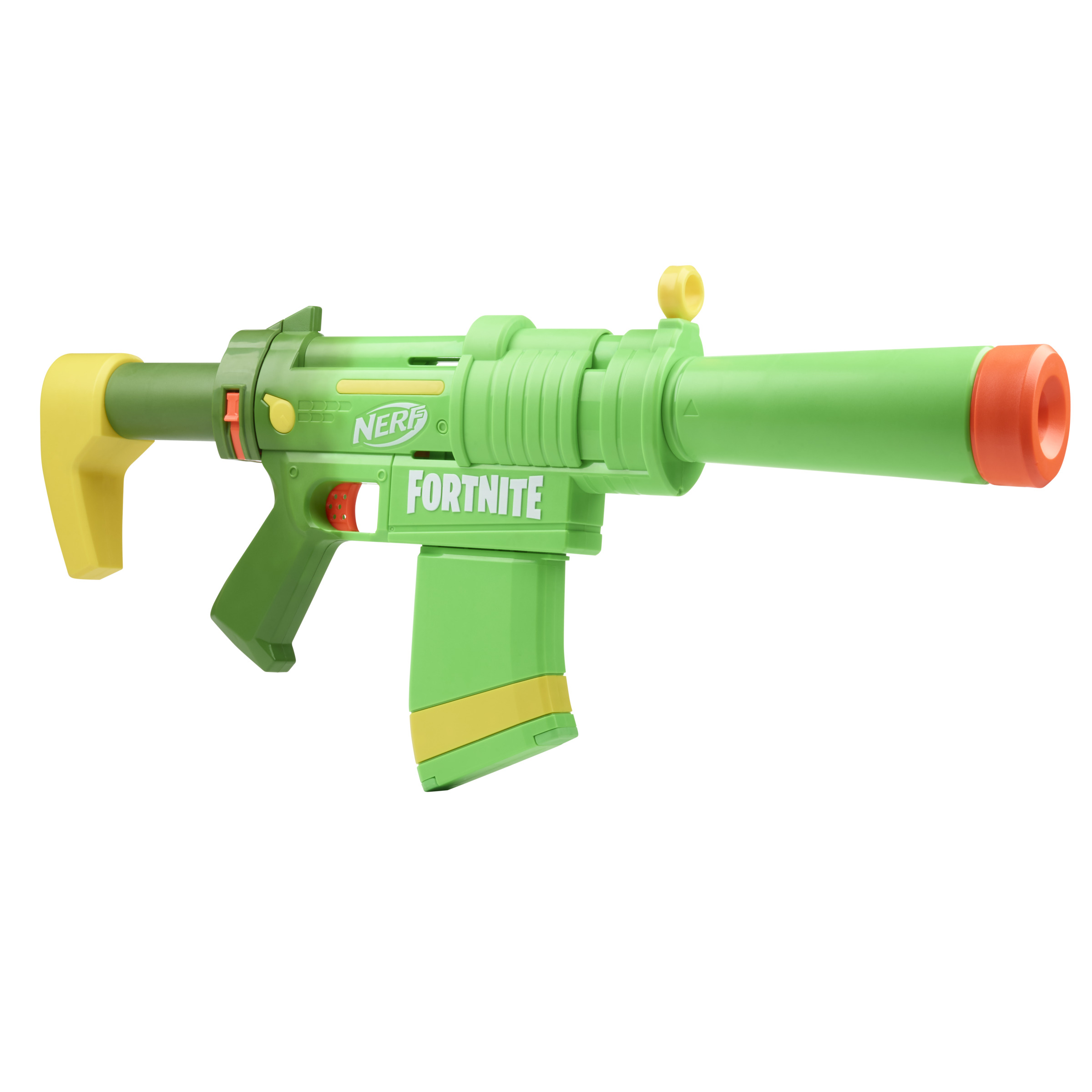 Pistola Nerf Fortnite verde, punta naranja, detalles amarillos, sobre fondo blanco.
