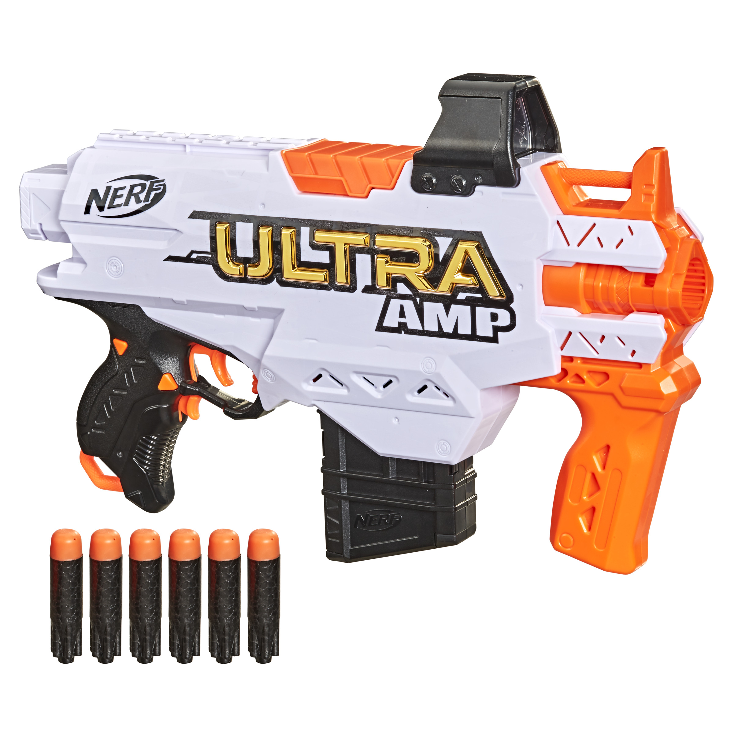 Un giocattolo blaster Nerf Ultra Amp bianco e arancione. Sei dardi arancioni davanti.