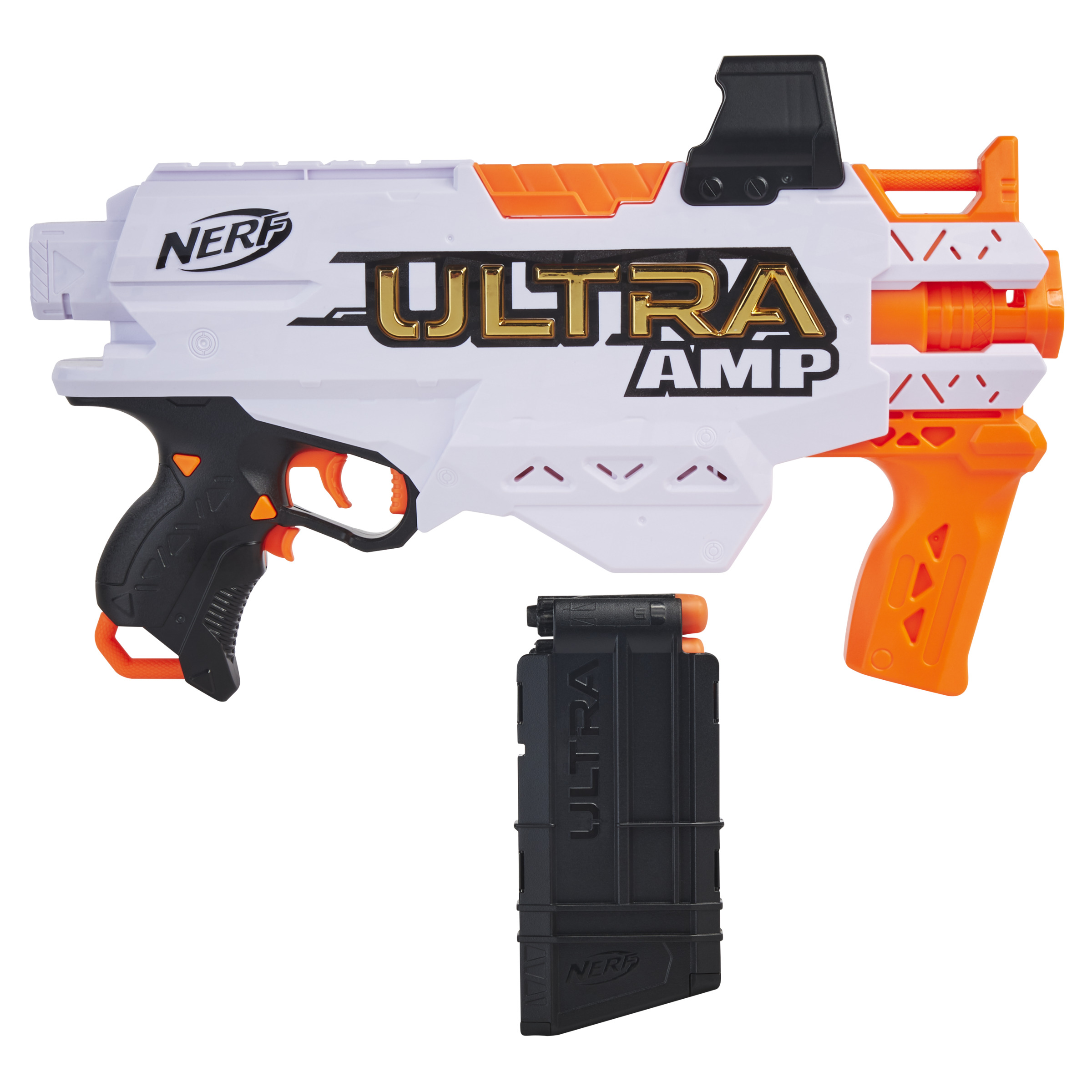 Una pistola Nerf bianca e arancione con un caricatore nero e un'impugnatura arancione.
