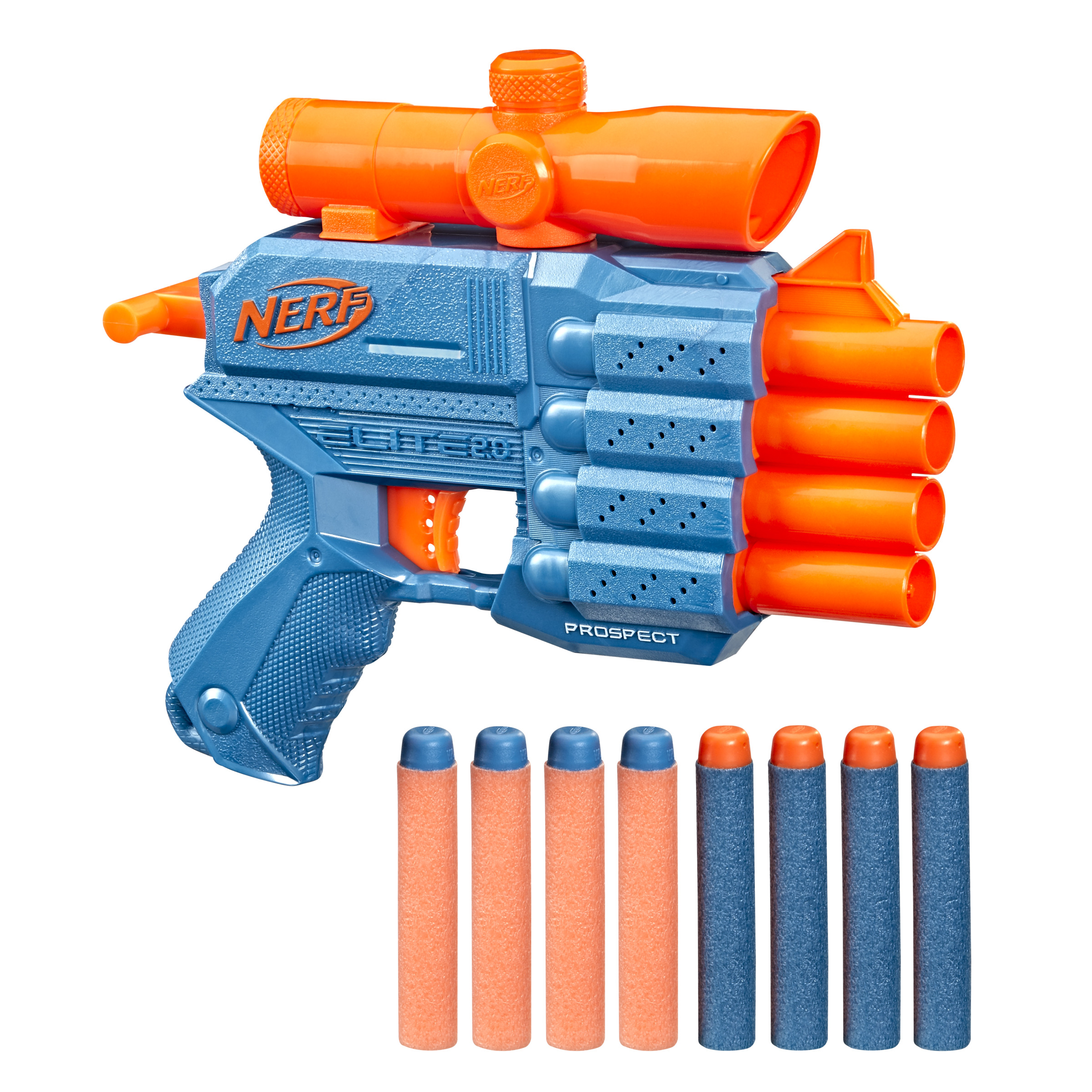 Pistola Nerf azul con mira y dardos naranjas. Fondo blanco.