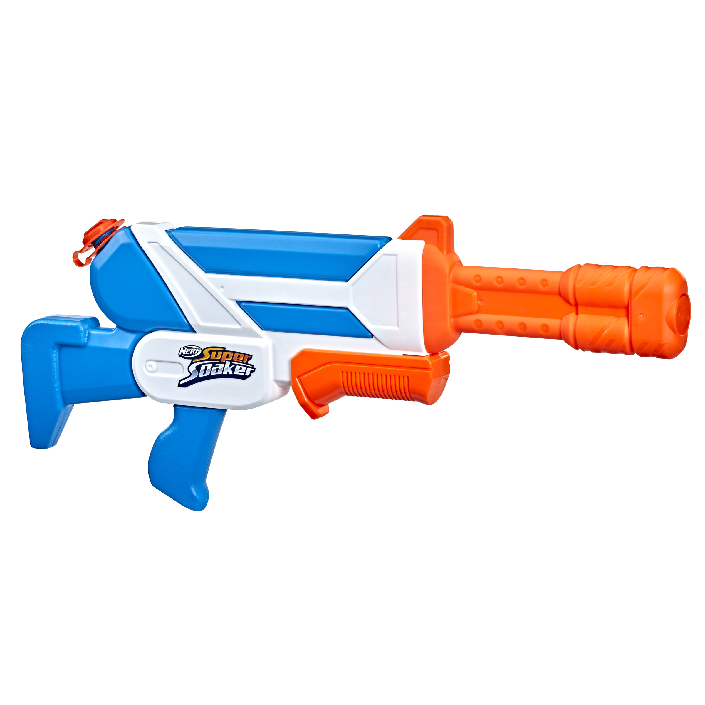 Pistola de agua Nerf Super Soaker azul y blanca, detalles en naranja.