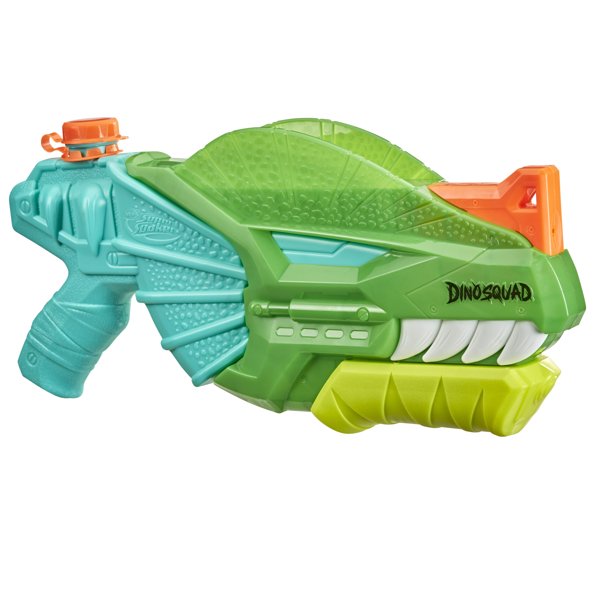 Pistola ad acqua a forma di dinosauro verde con dettagli arancioni, sfondo bianco.