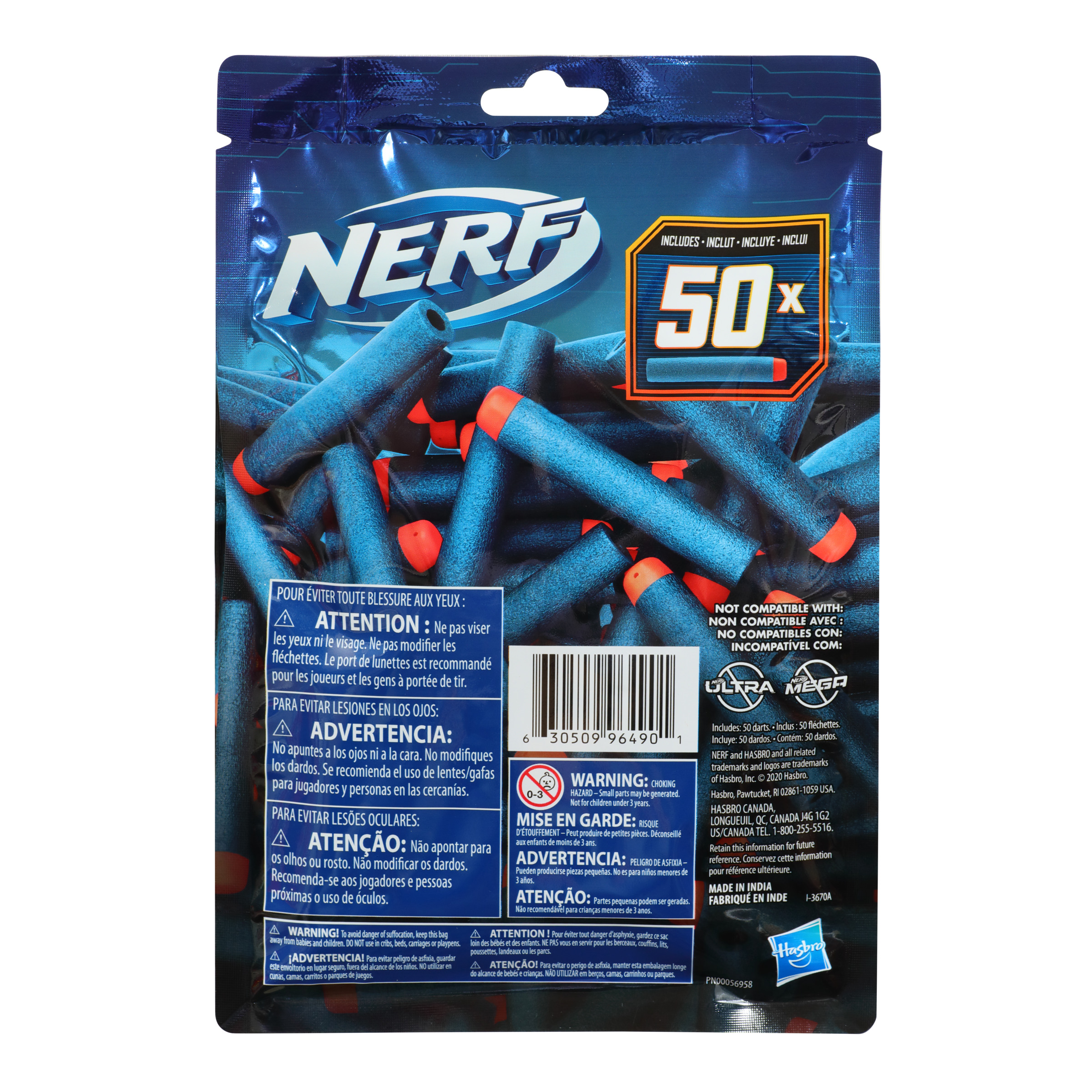 Proiettili Nerf in una confezione blu, con testo e avvertenze, su sfondo bianco.