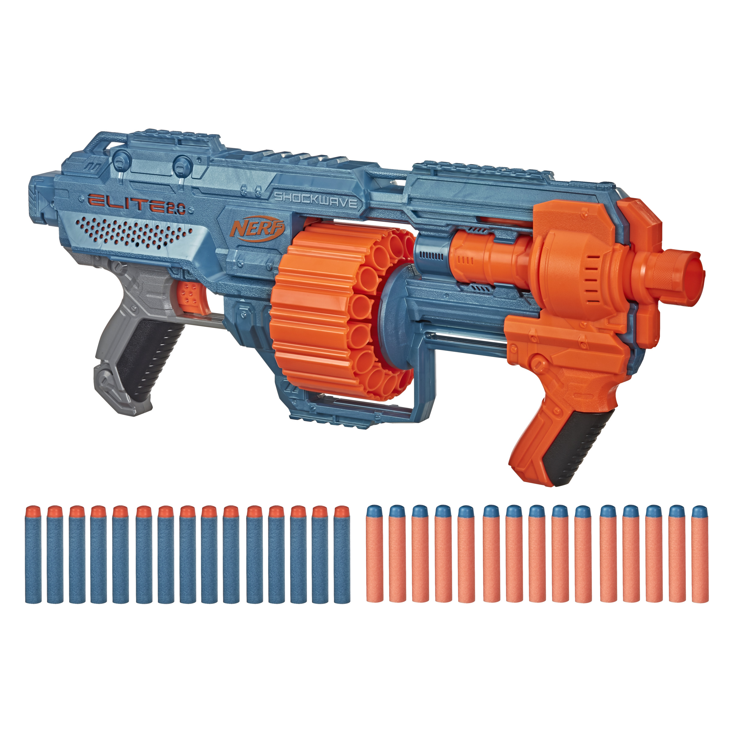Zabawka Nerf Elite 2.0 Shockwave z strzałkami, na białym tle.