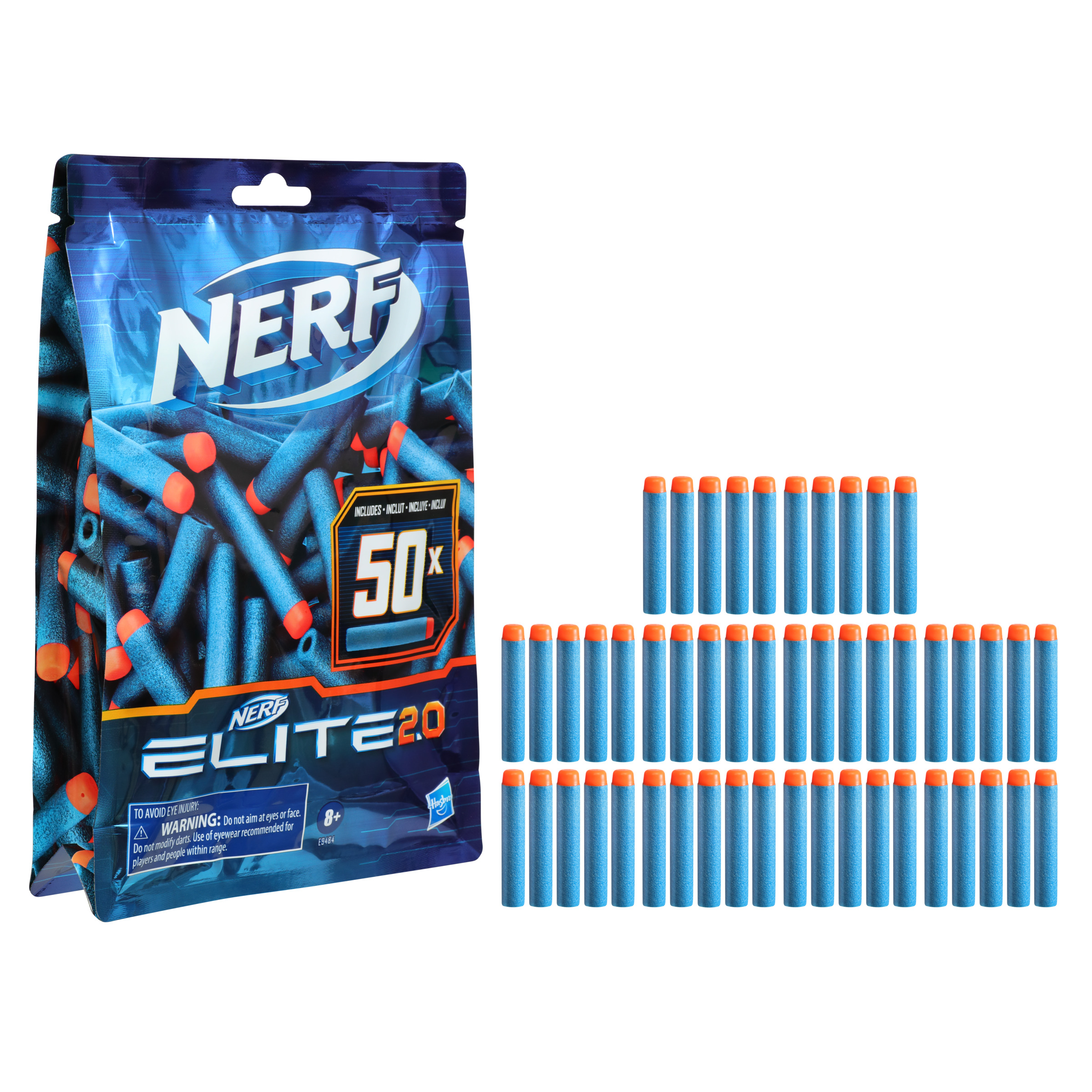 Dardi blu Nerf Elite 2.0 e un sacchetto da 50 dardi. Sfondo bianco.