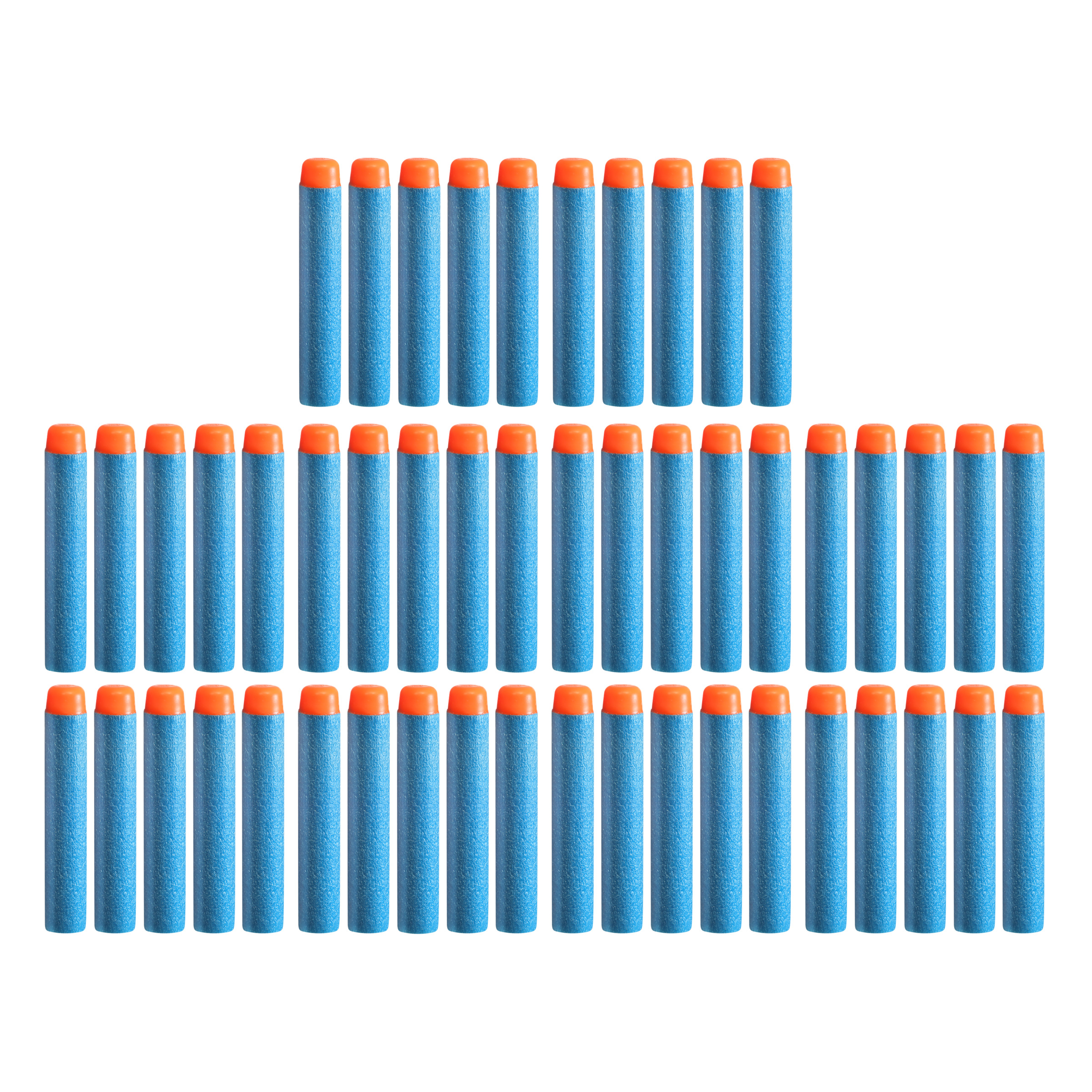 Dardi in schiuma Nerf, blu con punte arancioni, disposti su sfondo bianco.