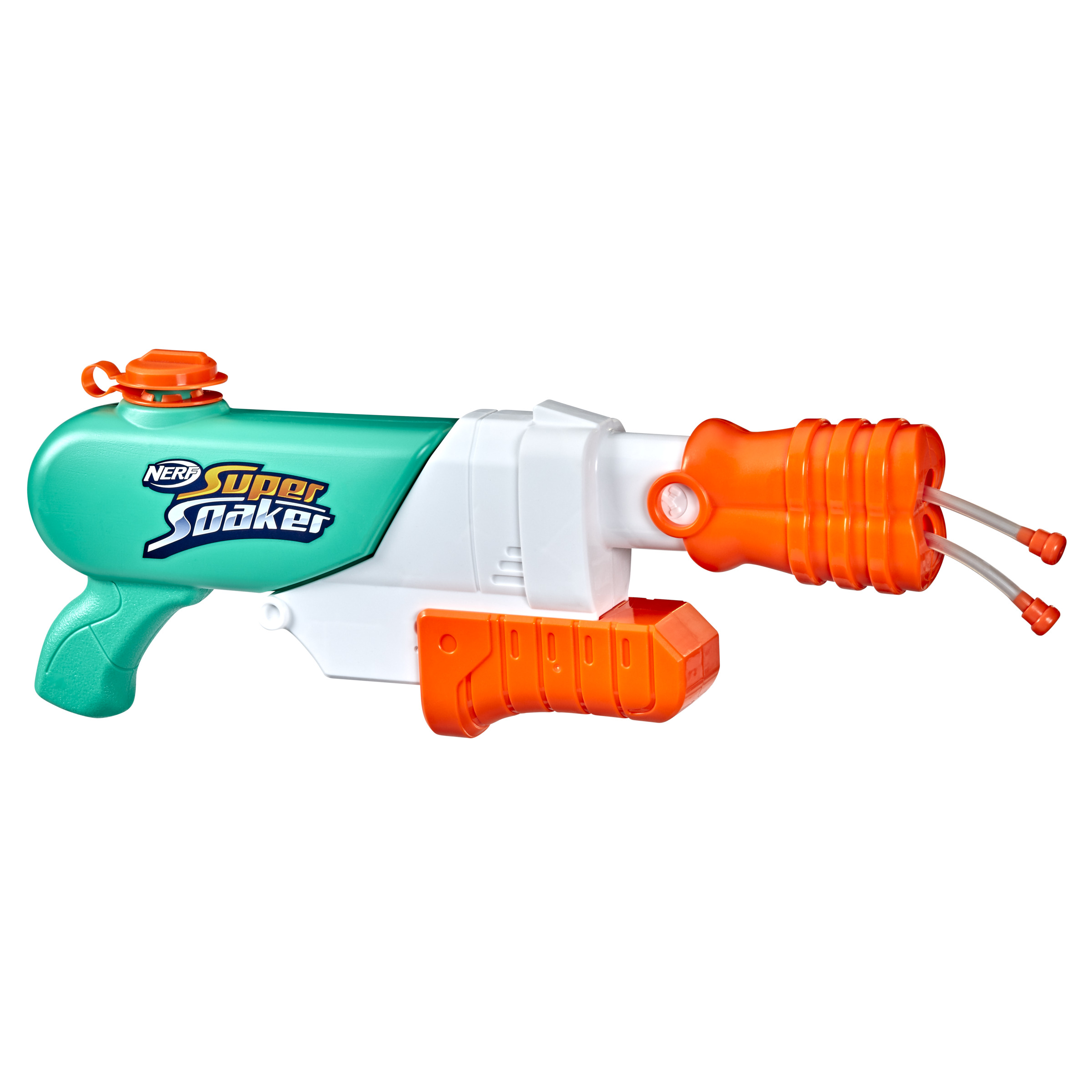 Una pistola de agua Nerf Super Soaker. Es verde y blanco, con detalles naranjas. Fondo blanco.