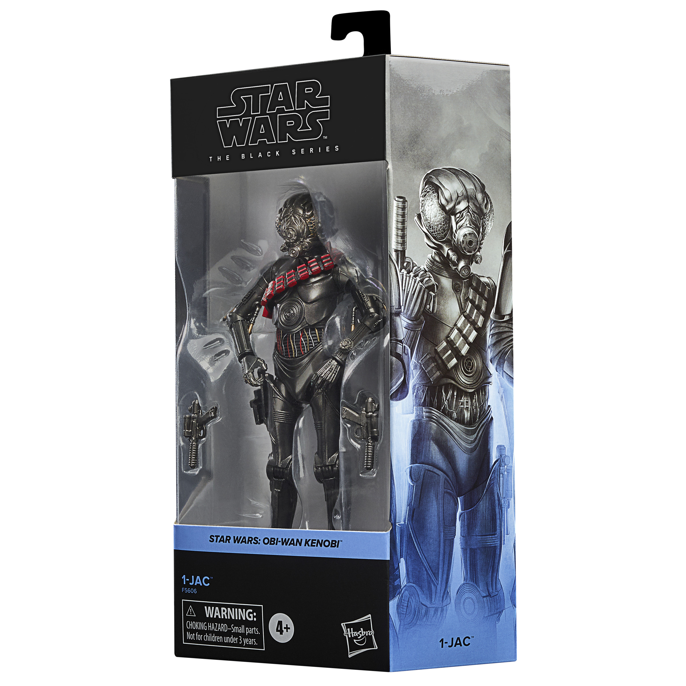 Un juguete de Star Wars empaquetado en una caja transparente. La figura es negra con acentos rojos, usando una máscara.