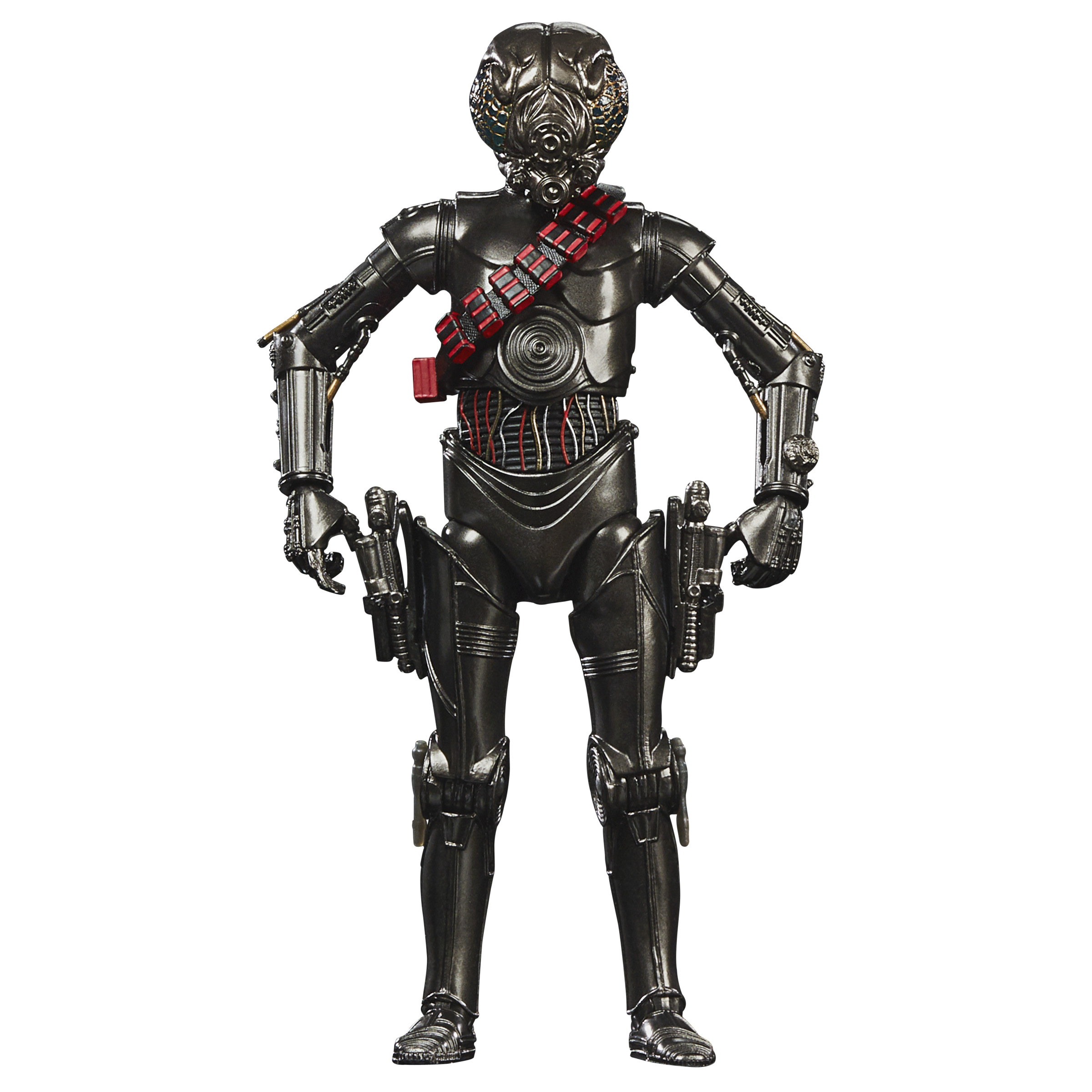 Figura de acción de C-3PO con pistolas. Banda roja alrededor de la cintura. Fondo blanco.