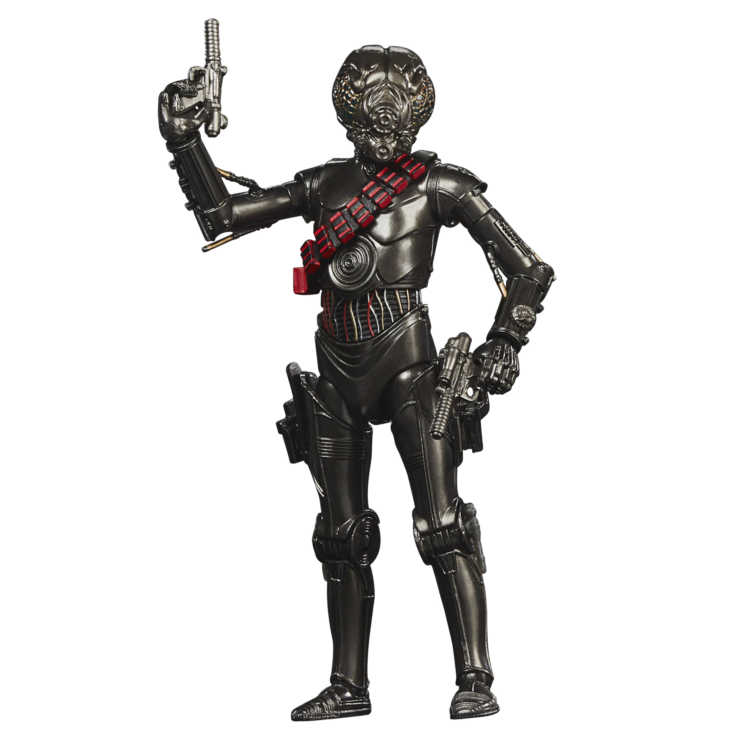 Figura de Star Wars de un robot de color oscuro sosteniendo dos pistolas.