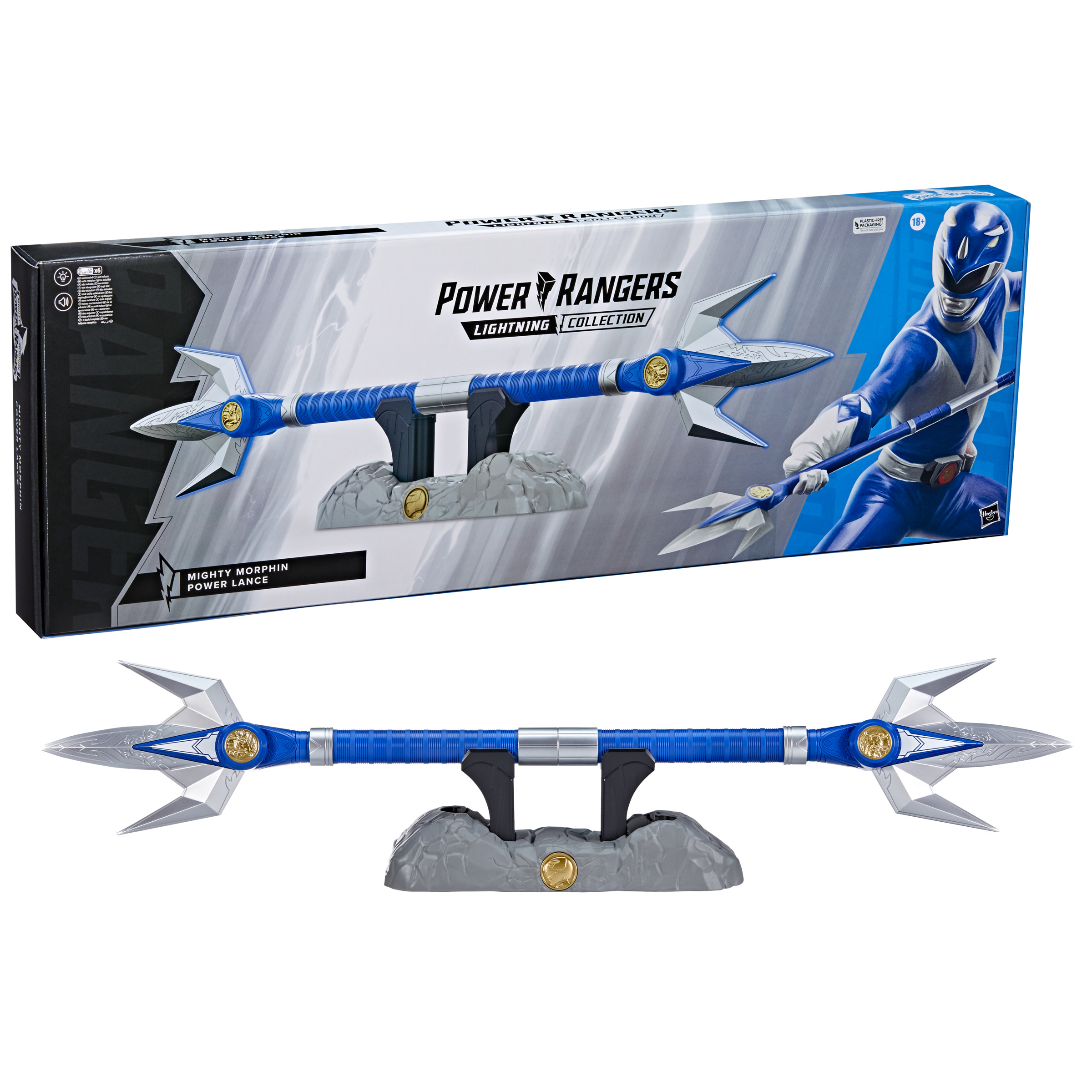 Lancia blu Power Ranger con punte argentate e accenti dorati su un supporto grigio.