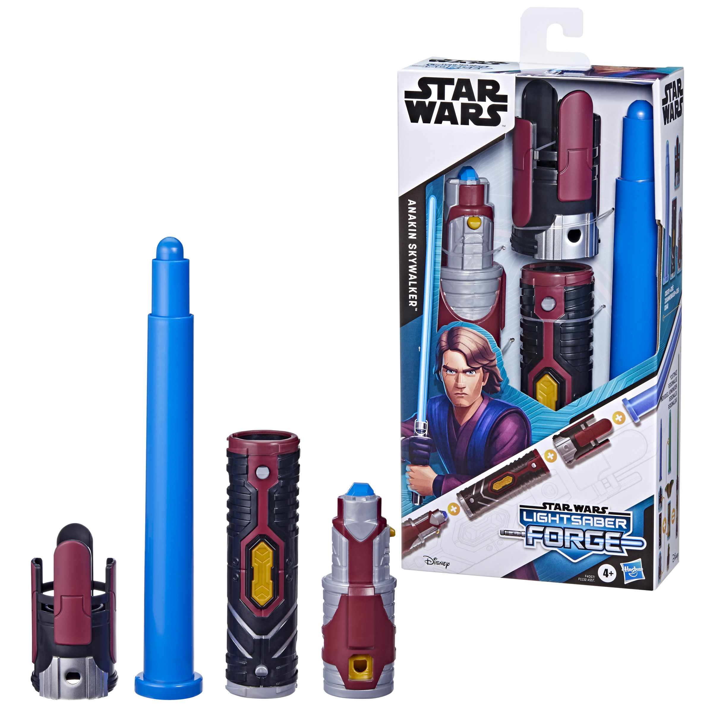 Juego de juguetes de Star Wars con el sable de luz de Anakin Skywalker, desmontado, en su embalaje.