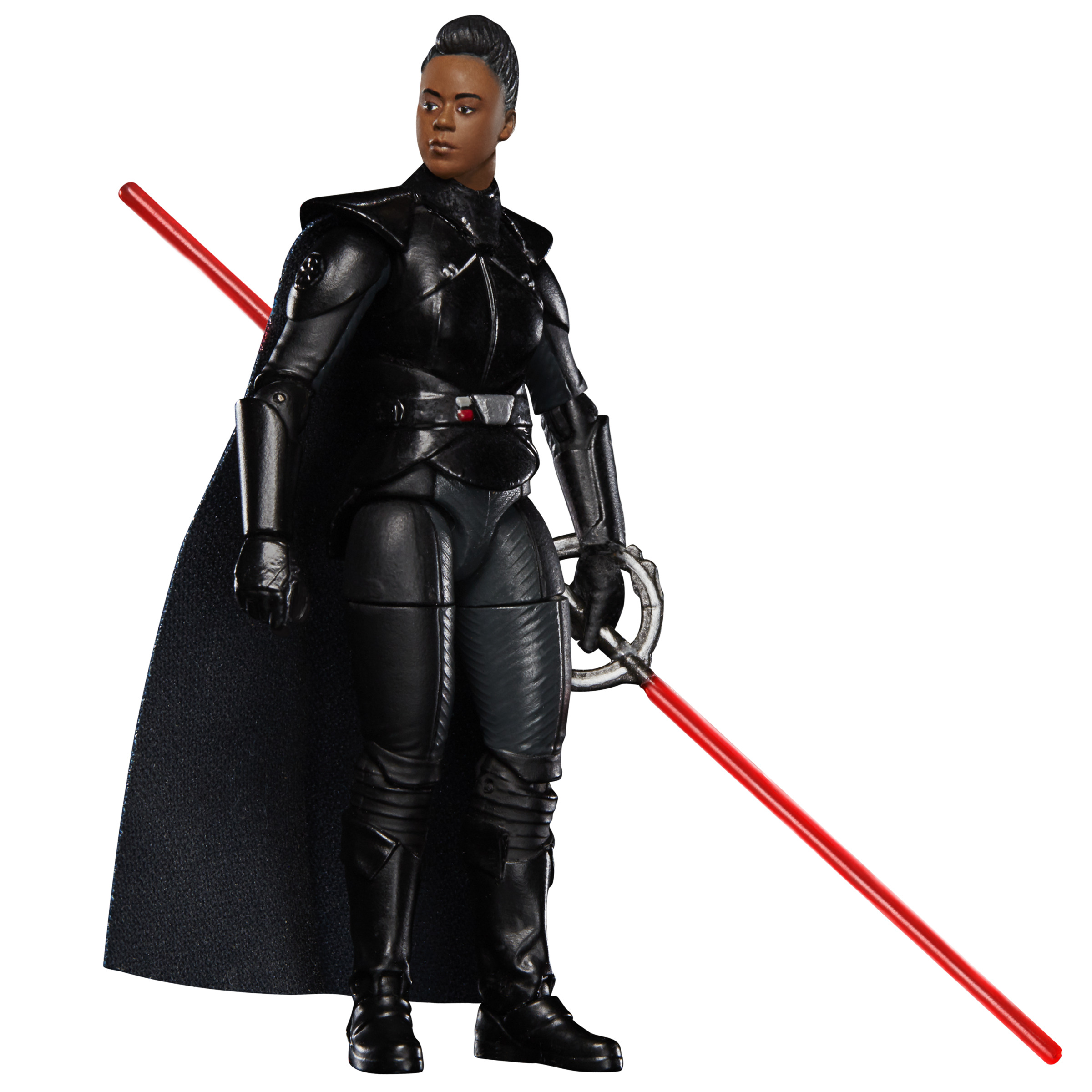 Action figure di Reva in abito nero, con una spada laser rossa.