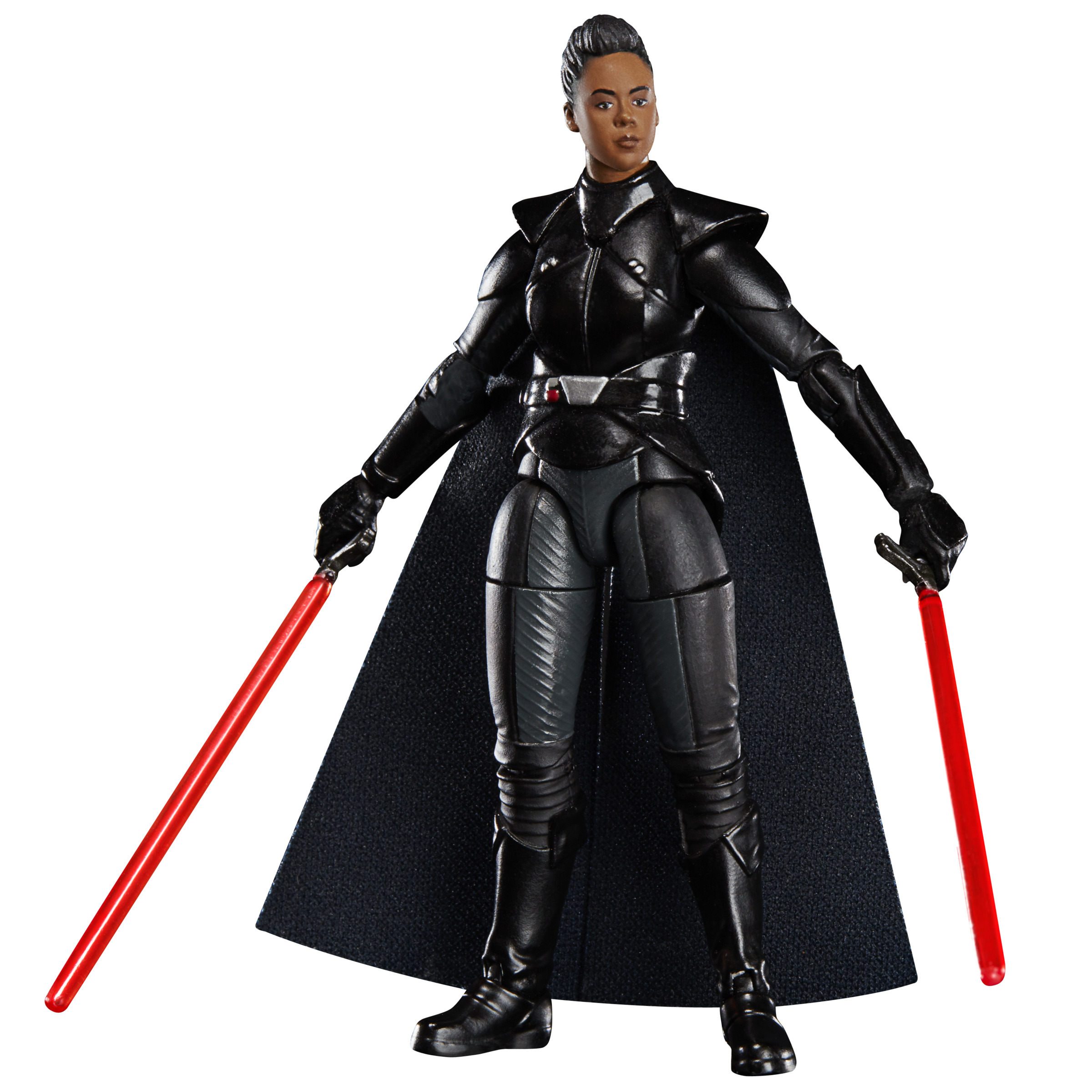 Action figure di Reva in abito nero con due spade laser rosse.