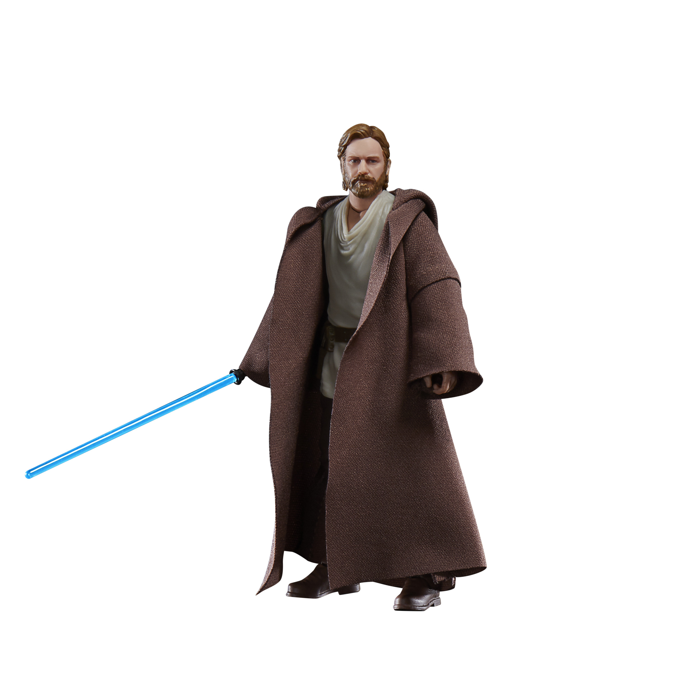 Figura de Obi-Wan Kenobi con túnicas marrones, sosteniendo un sable láser azul.