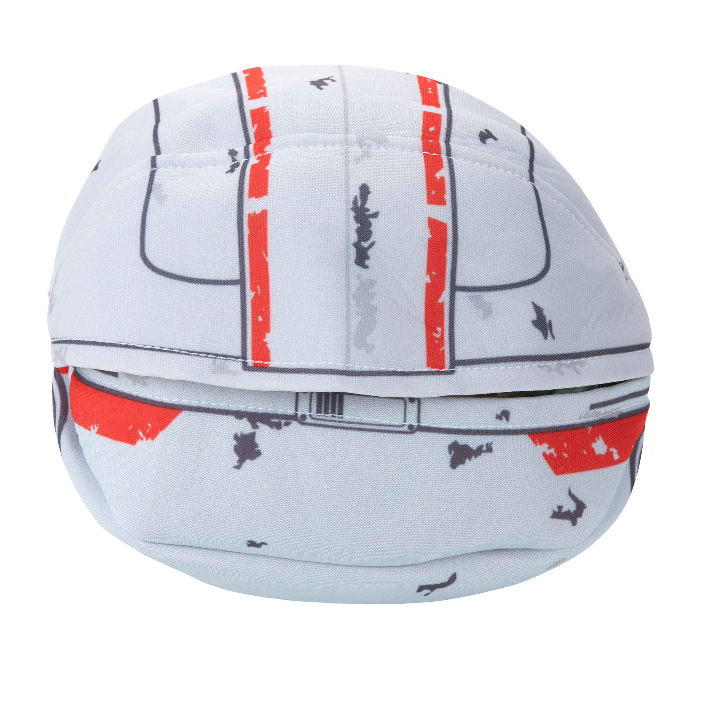 Almohada de Star Wars en forma de casco, blanca, con rayas rojas y detalles grises.