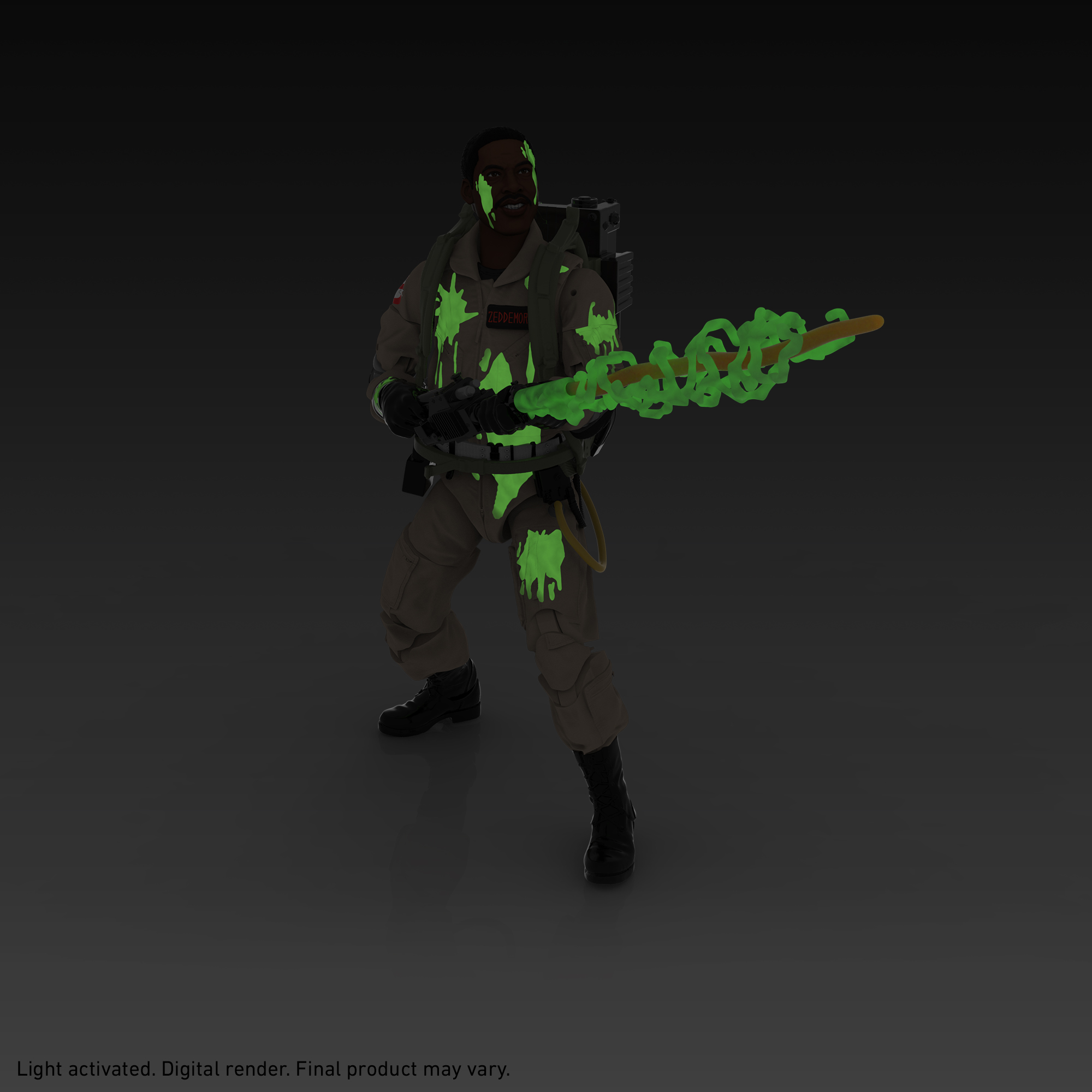 Una figura de los Cazafantasmas con baba verde y un arma de rayos verde. La escena es oscura.